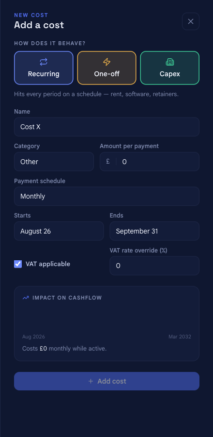The Add a cost panel in bluprnts, open on the Recurring behaviour, with fields for name, category, amount per payment, payment schedule, start and end dates, and VAT.