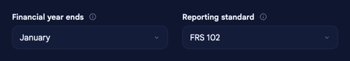 The Reporting standard field in the Forecast section of Company options, set to FRS 102 for Perch Coffee, alongside the Financial year ends field.