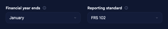 The Reporting standard field in the Forecast section of Company options, set to FRS 102 for Perch Coffee, alongside the Financial year ends field.