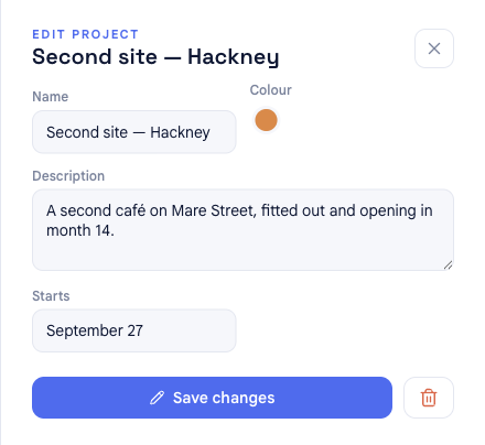 The project panel reopened in EDIT PROJECT mode in bluprnts, with the name, colour and description filled in, a Save changes button, and a delete (trash) button beside it.