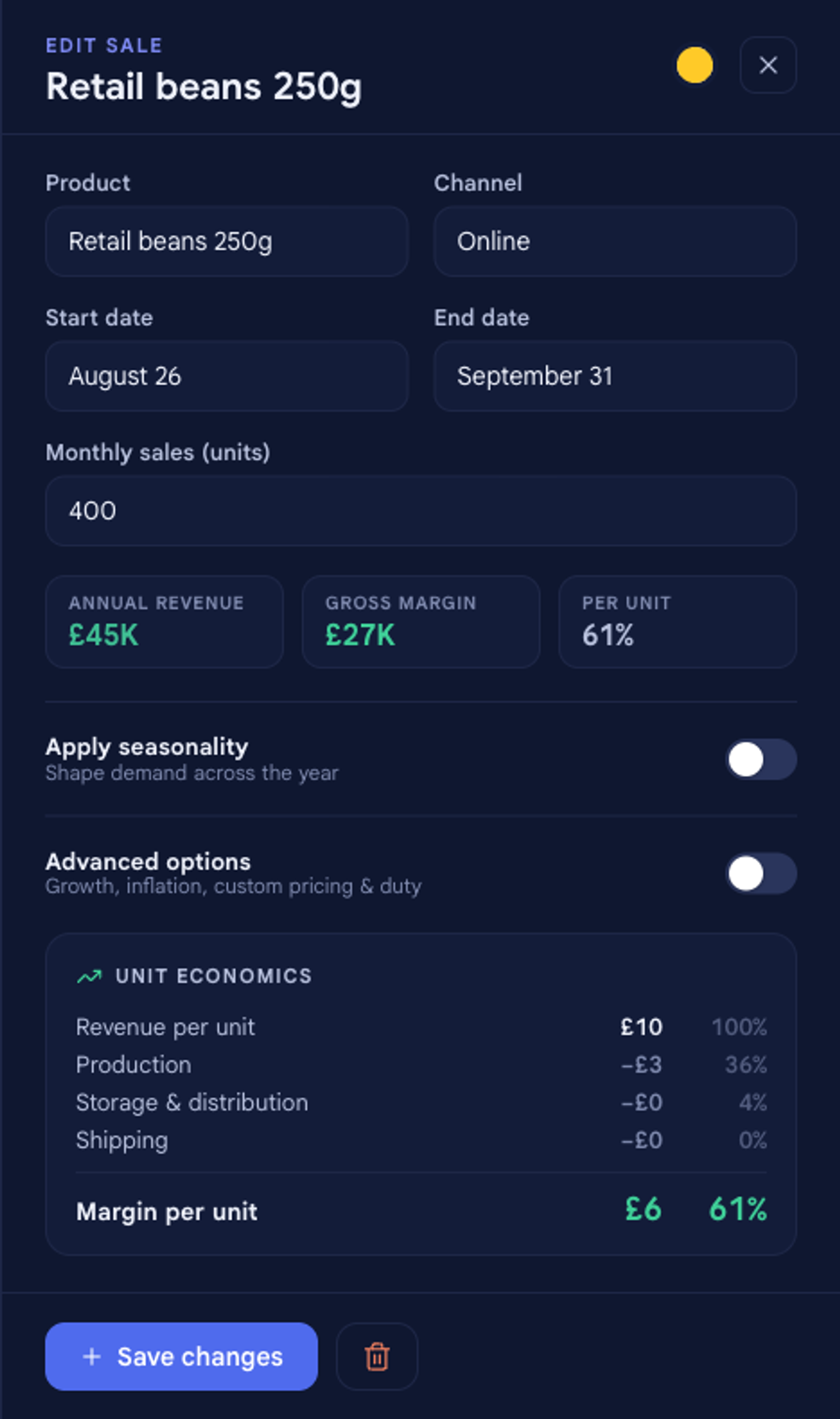 The sale panel reopened in EDIT SALE mode for the Retail beans 250g Online sale, with its values filled in, a Save changes button, and a delete (trash) button beside it.