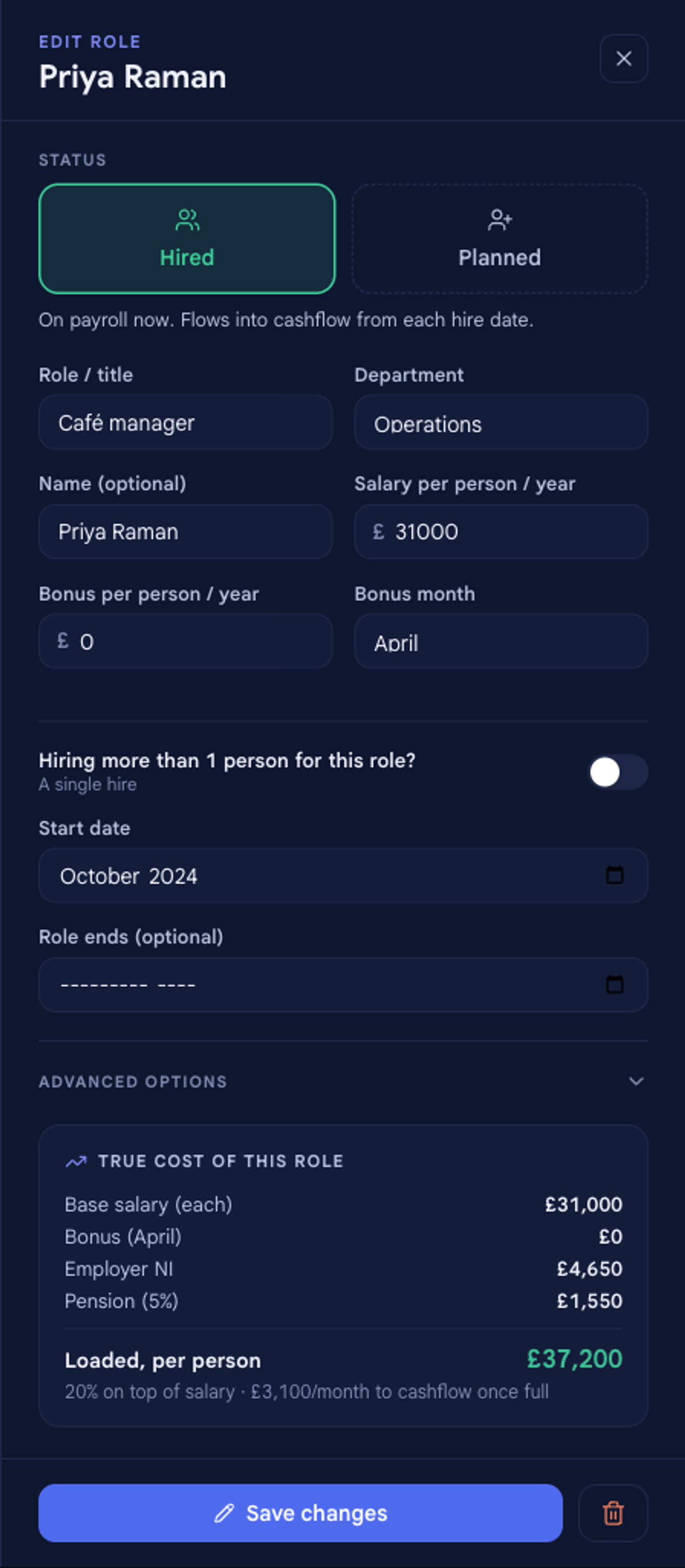 The role panel reopened in EDIT ROLE mode for an existing hired Café manager, with its values and true-cost breakdown filled in, a Save changes button, and a delete (trash) button beside it.
