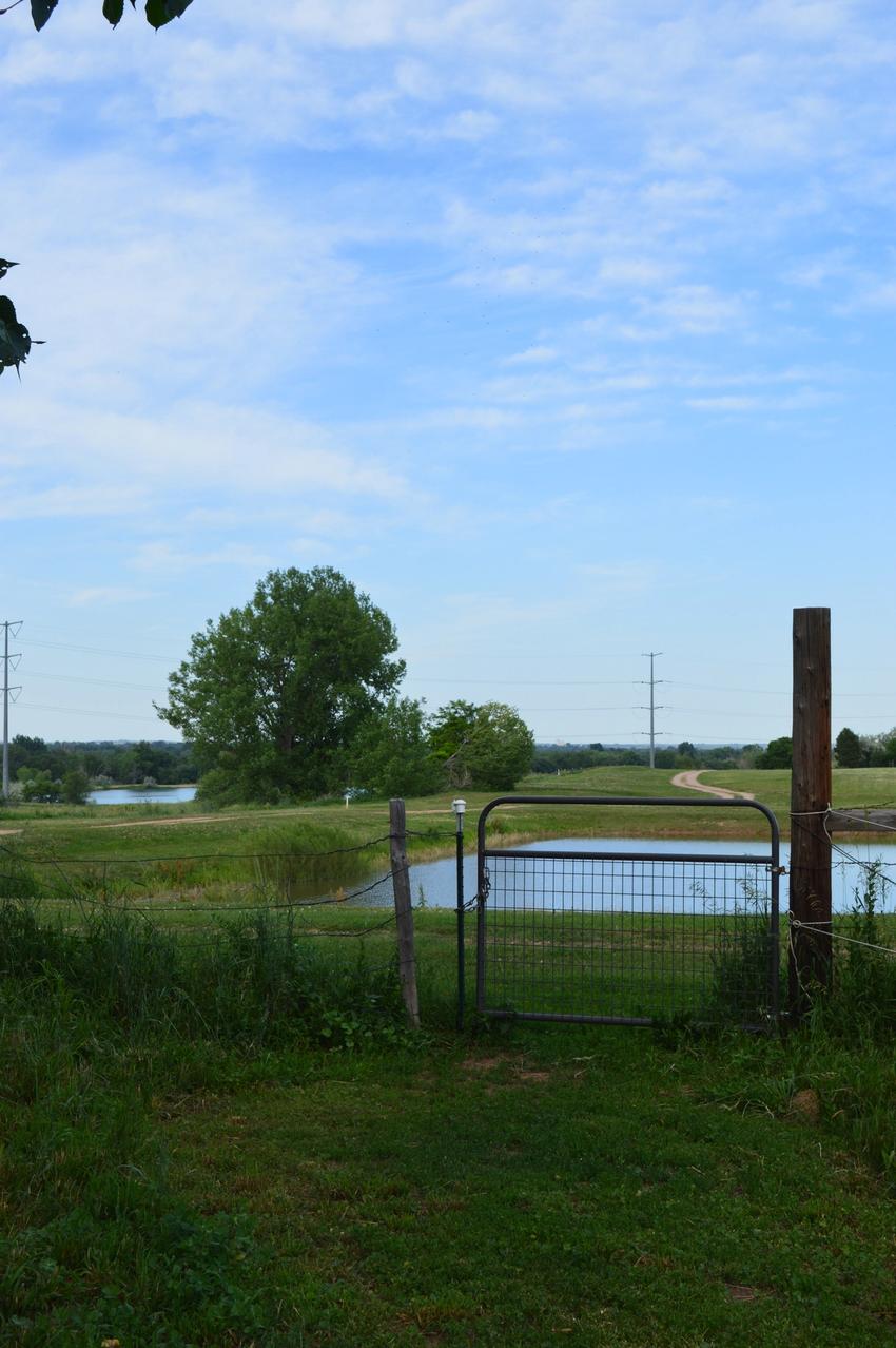 looking east over fence and pond in background