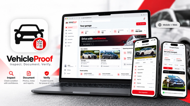 VehicleProof banner showing the web dashboard on a laptop alongside two phones displaying vehicle records and photo comparison tools. Tagline: “Inspect. Document. Verify.”