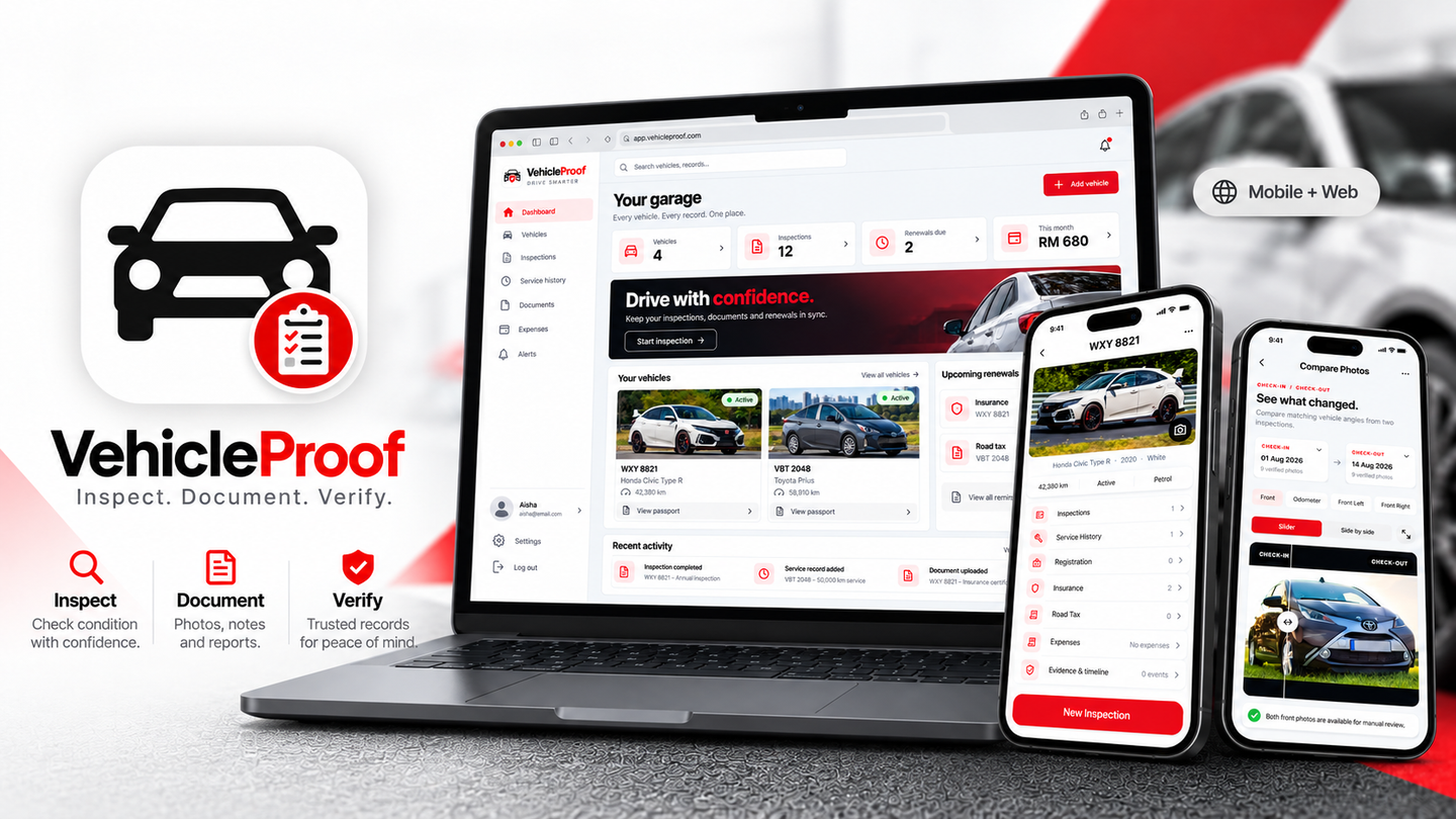 VehicleProof banner showing the web dashboard on a laptop alongside two phones displaying vehicle records and photo comparison tools. Tagline: “Inspect. Document. Verify.”
