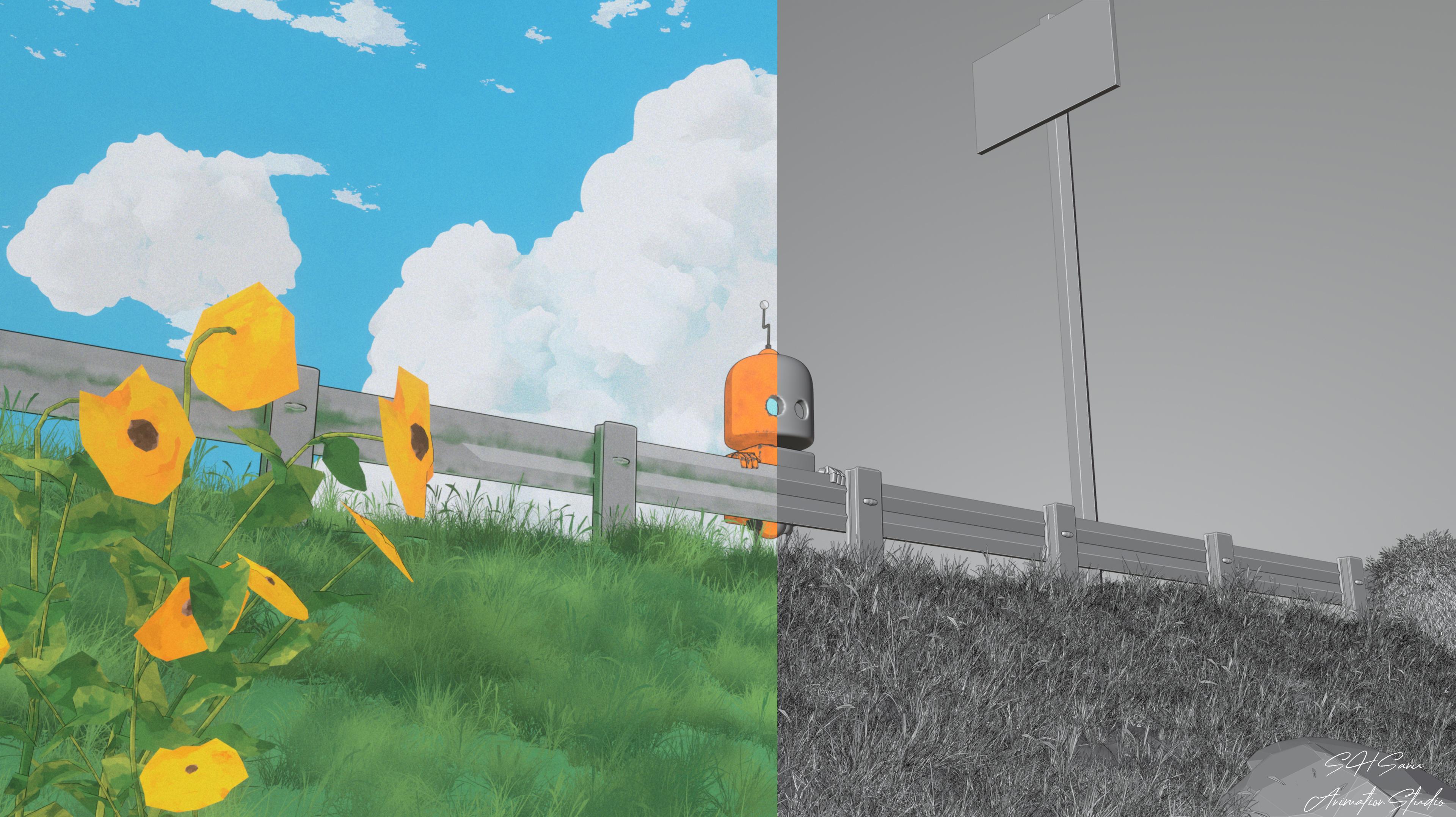 Efty in the Grass: Anime-Style 3D Robot & Nature Texture Study