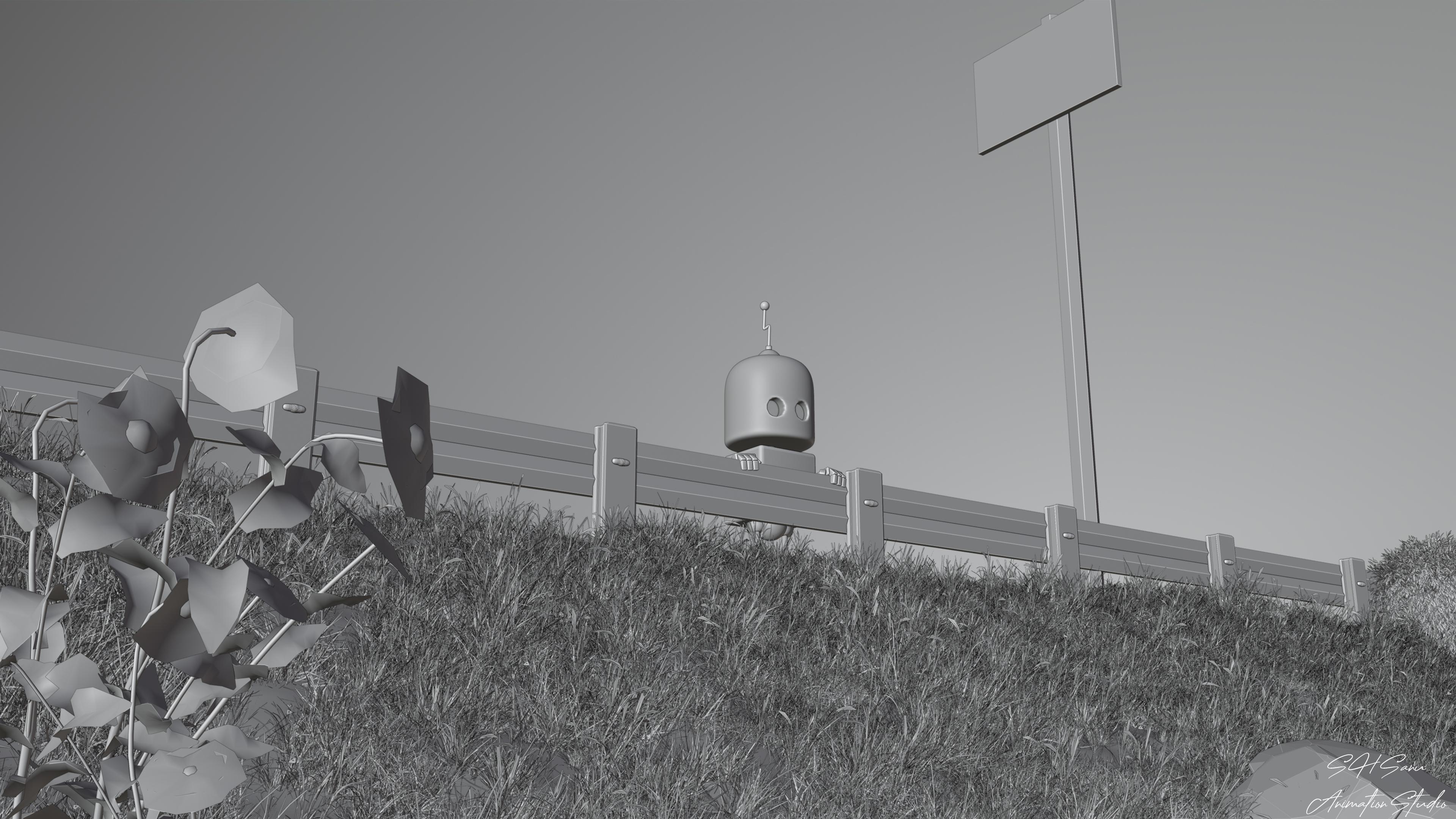Efty in the Grass: Anime-Style 3D Robot & Nature Texture Study