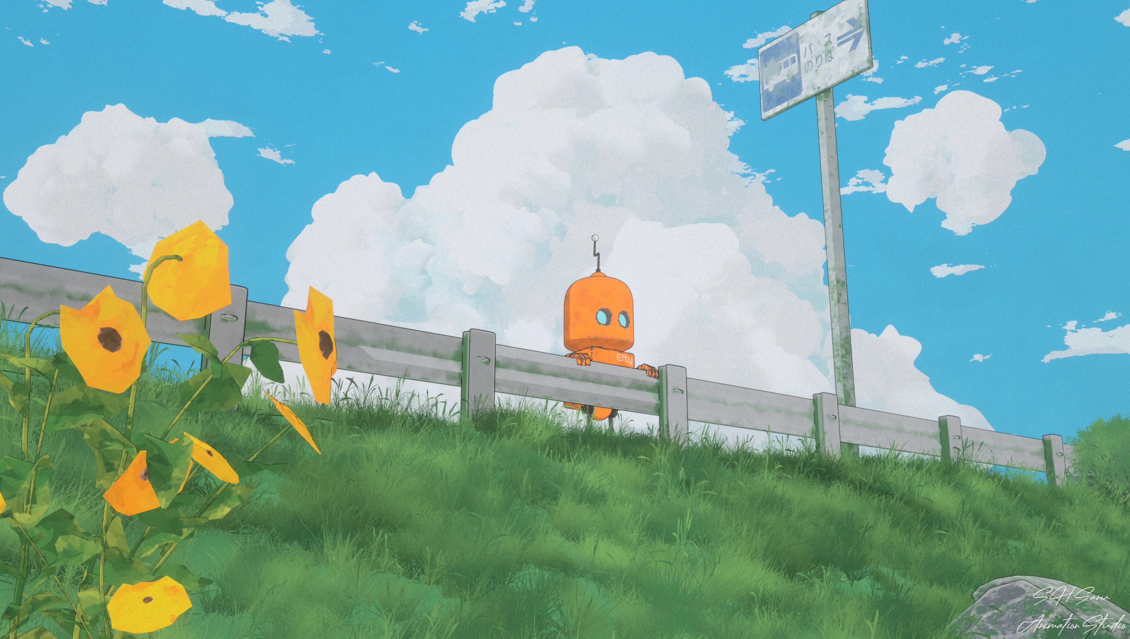 Efty in the Grass: Anime-Style 3D Robot & Nature Texture Study