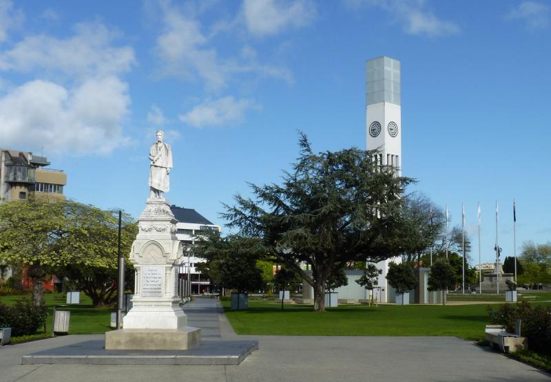 The Square and historic Clock Tower in central Palmerston North, a key regional service hub.