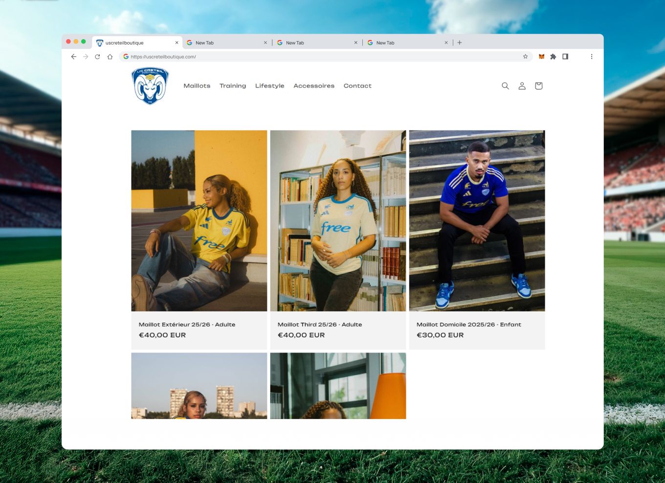 Mockup USC Créteil Football : boutique Shopify + stocks