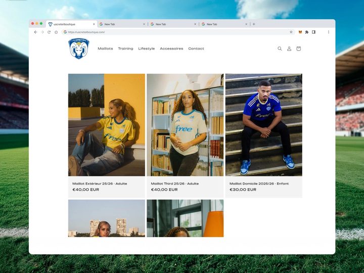 Mockup USC Créteil Football : boutique Shopify + stocks