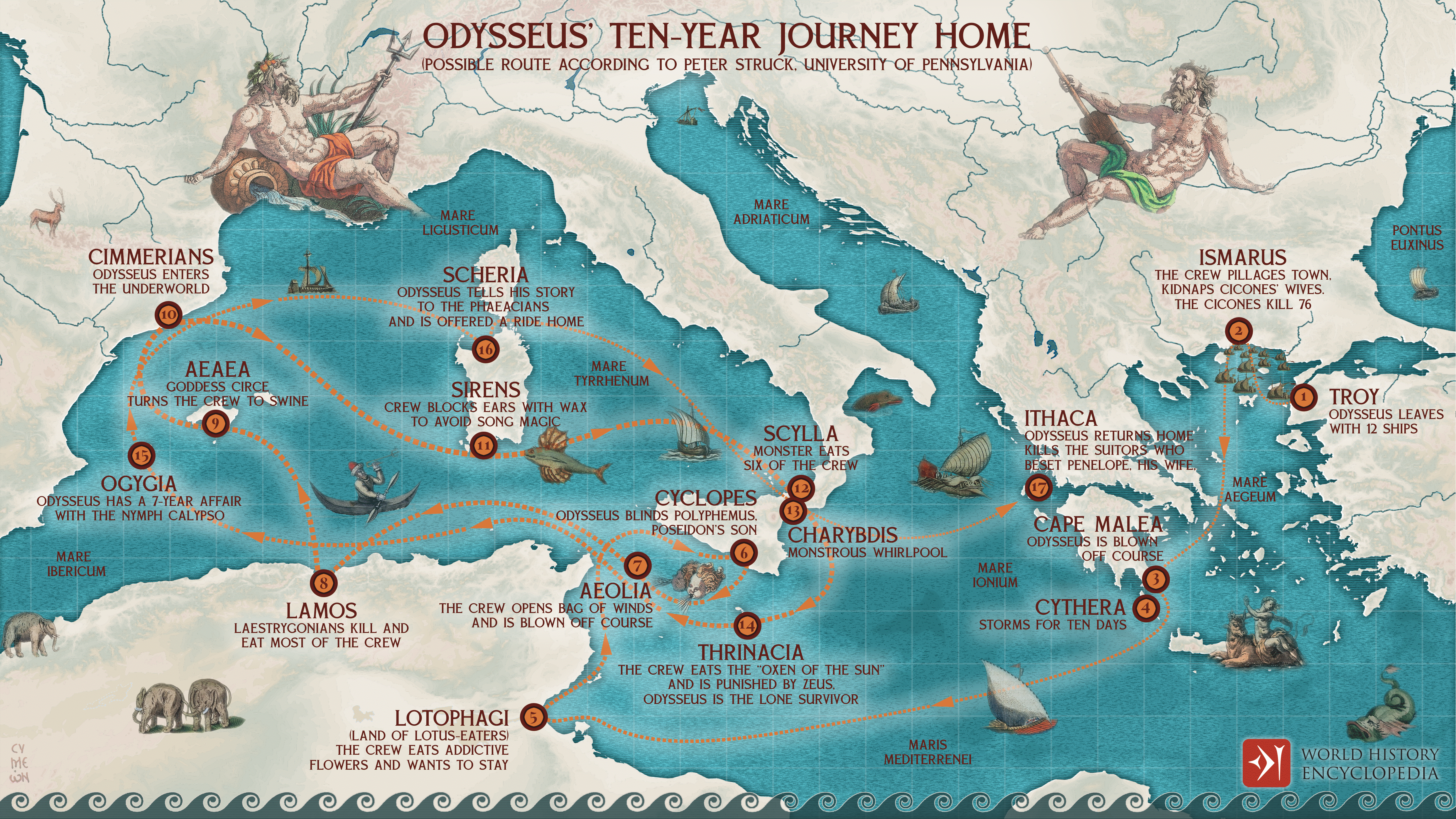 A map showing Odysseus' journey home to Ithaca from Troy, according to the historian Peter Struck.