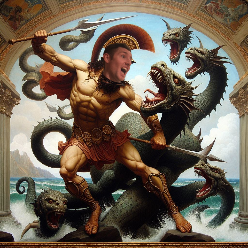 A rare depiction of Odysseus (with Harry Kelleher's face) fighting Scylla. It represents my struggle in the quest for mastery of web development principles. No AI necessary.