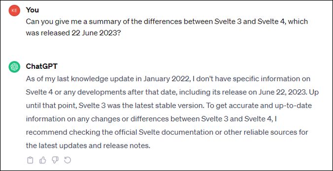 Prompt: Can you give me a summary of the differences between Svelte 3 and Svelte 4, which was released 22 June 2023? 