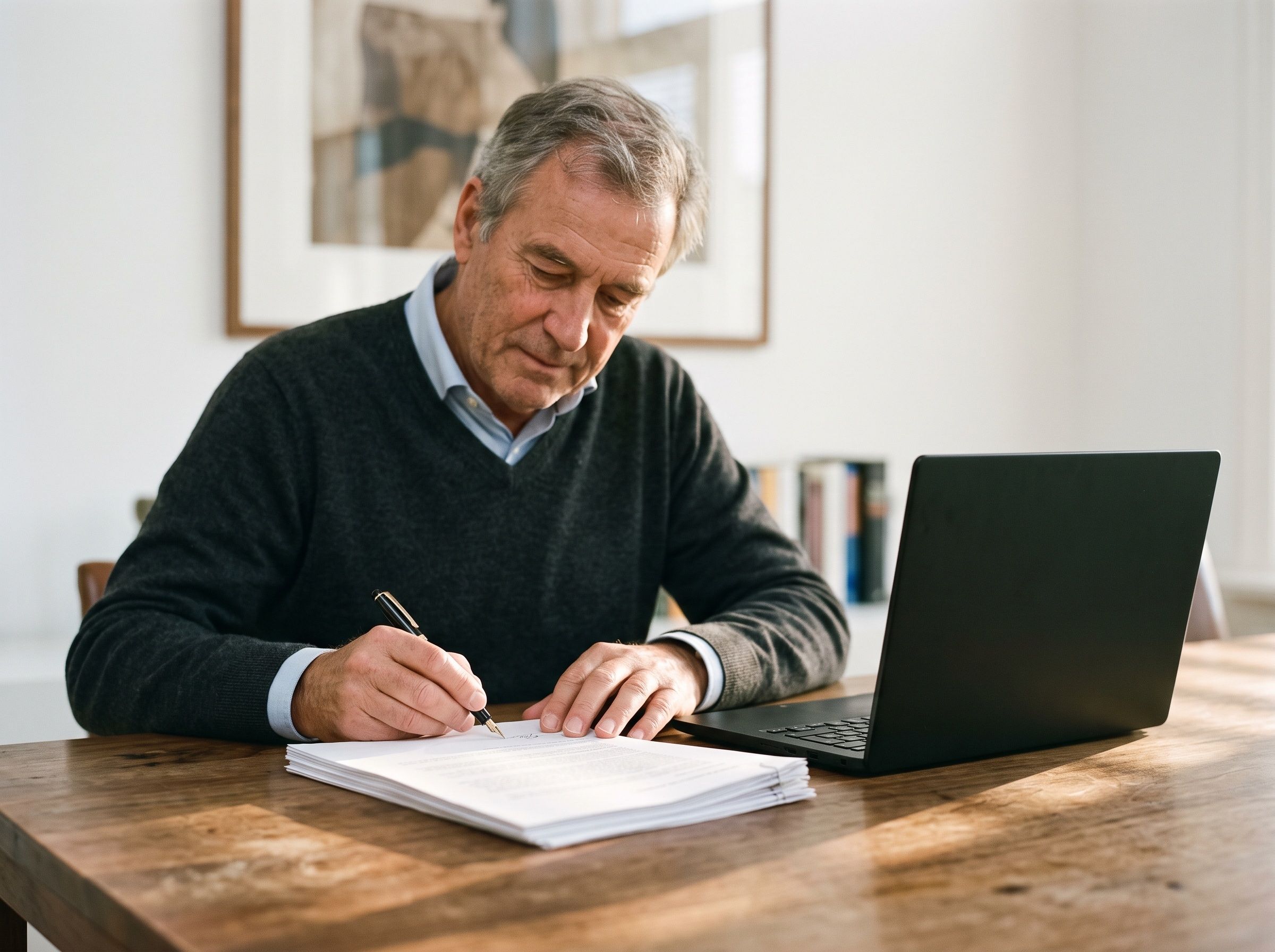 Senior professional ondertekent een rapport met vulpen, een gesloten laptop naast zich