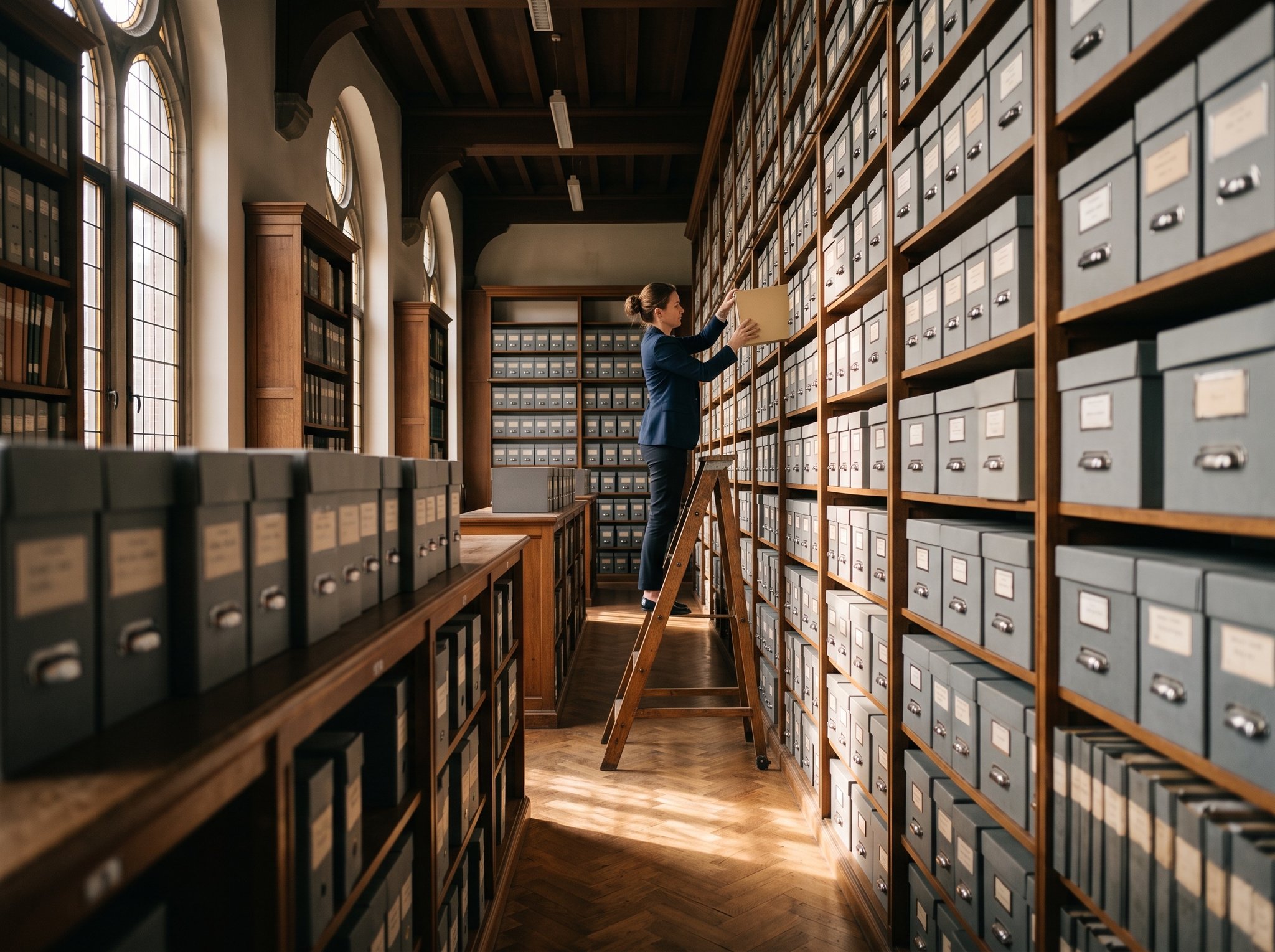 Professional op een bibliotheekladder pakt één dossier uit een monumentale archiefkast