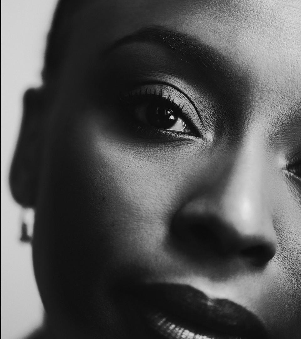 Close-up of Chimamanda Ngozi Adichie’s face.