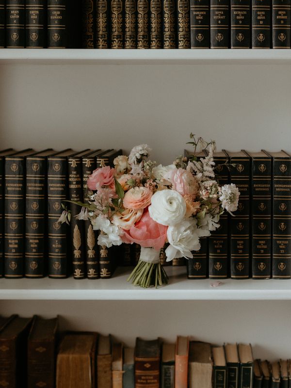 Bridal bouquet on library shelf at Guardswell Farm