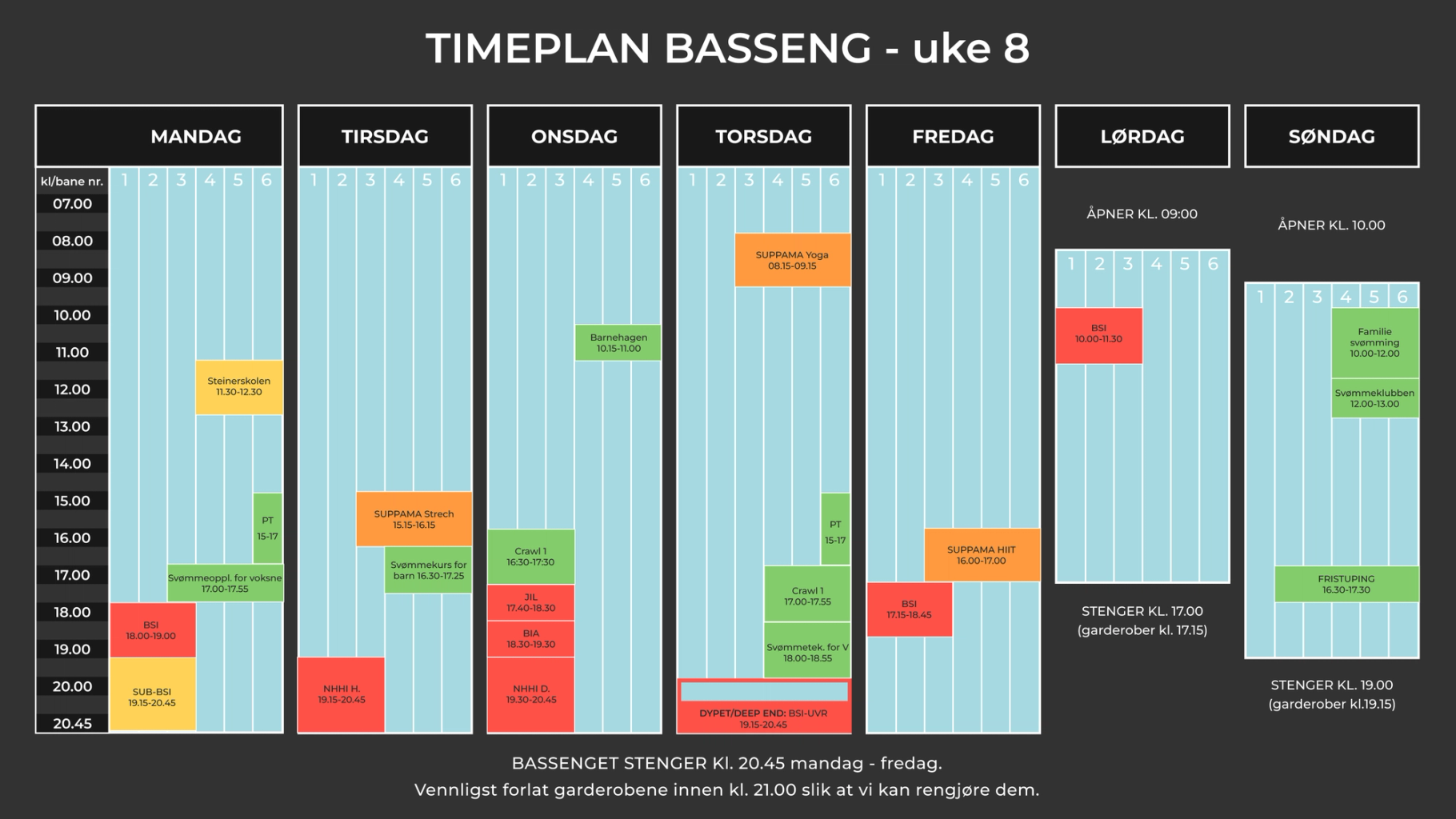 Timetable for the pool