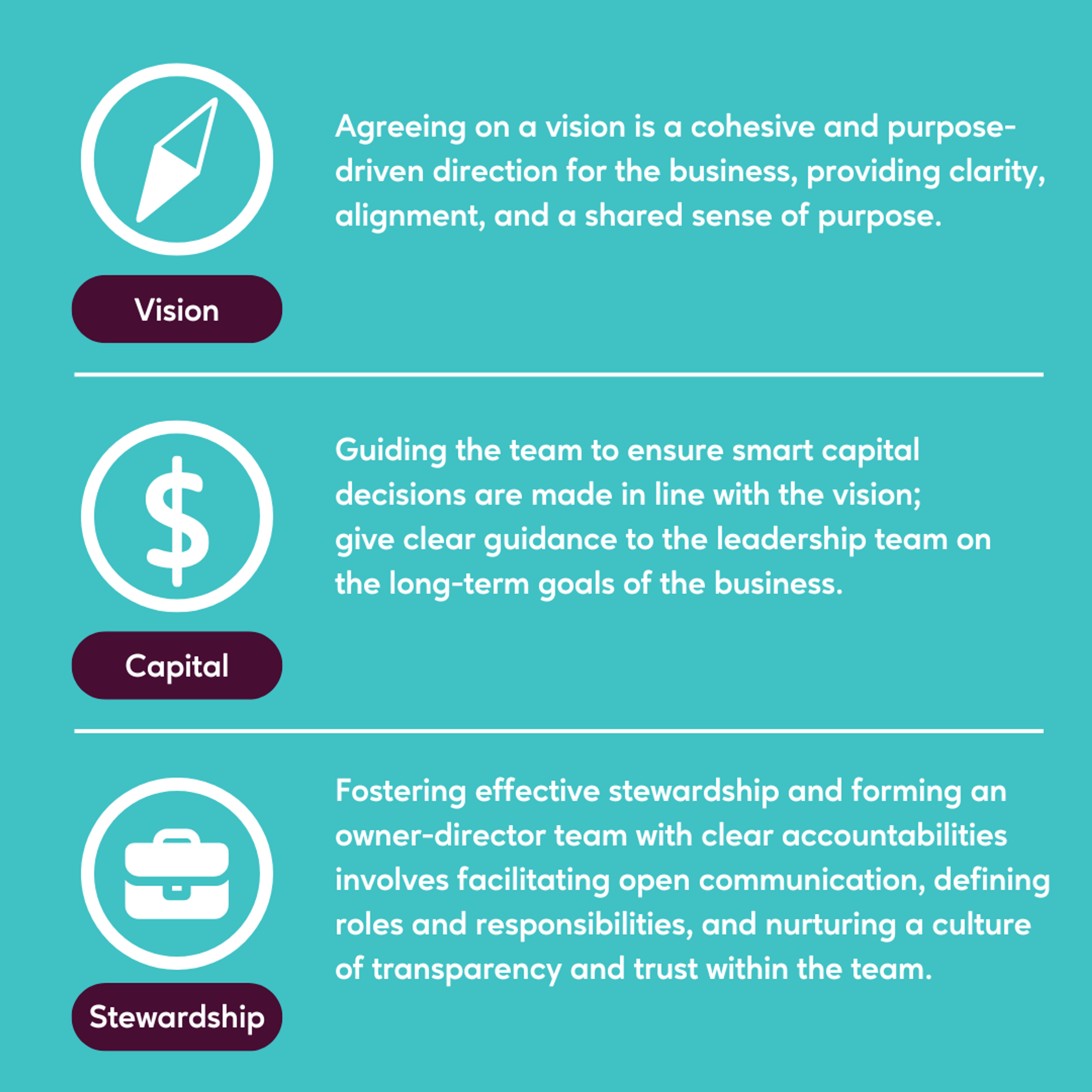 An infographic titled "Vision, Capital, and Stewardship" outlining the steps to build a business foundation: agreeing on a vision, guiding capital decision-making, and fostering effective stewardship for a transparent and accountable owner-director team.