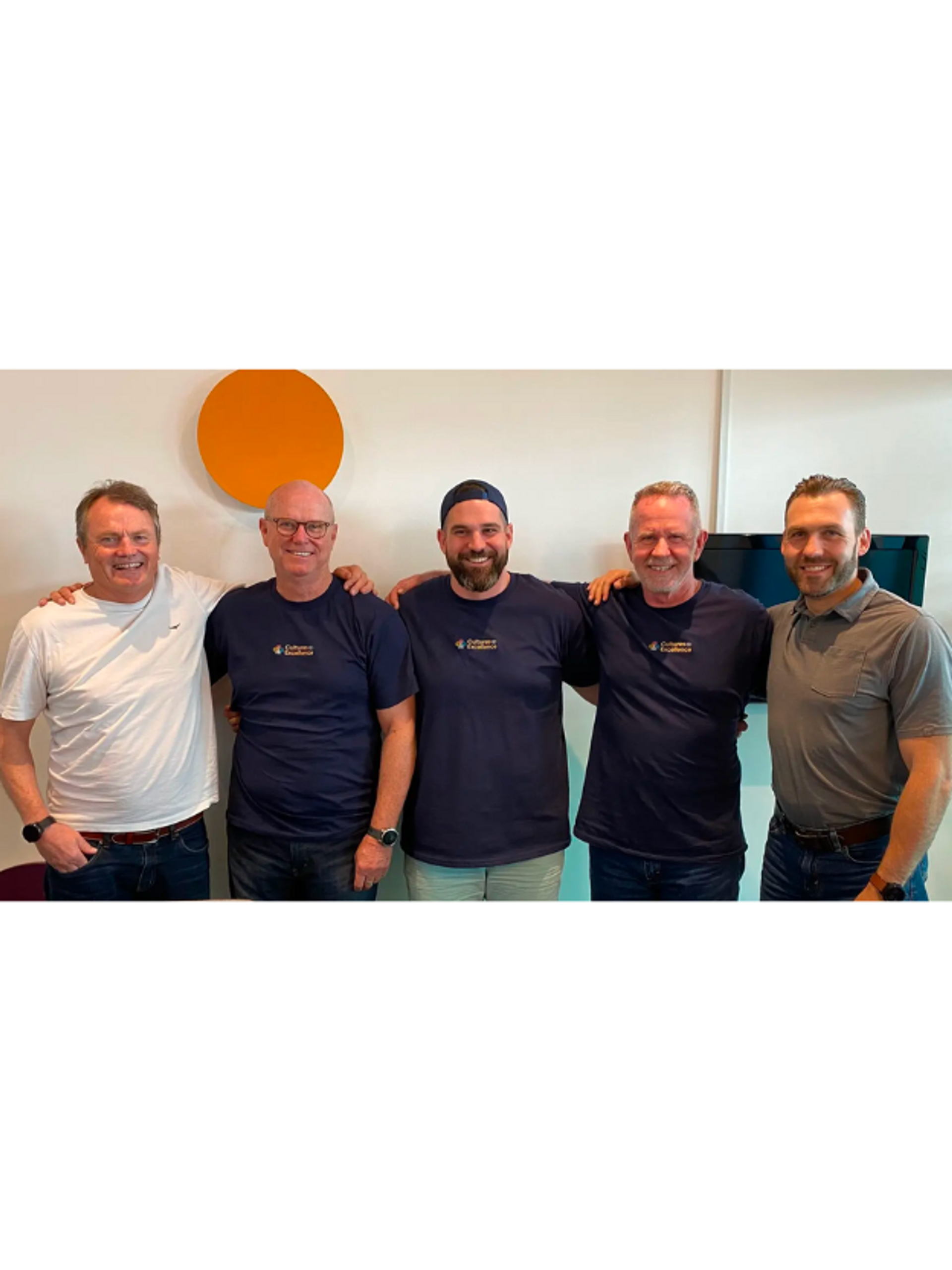 "Team group photo of five people from Adapt, smiling and standing together indoors."