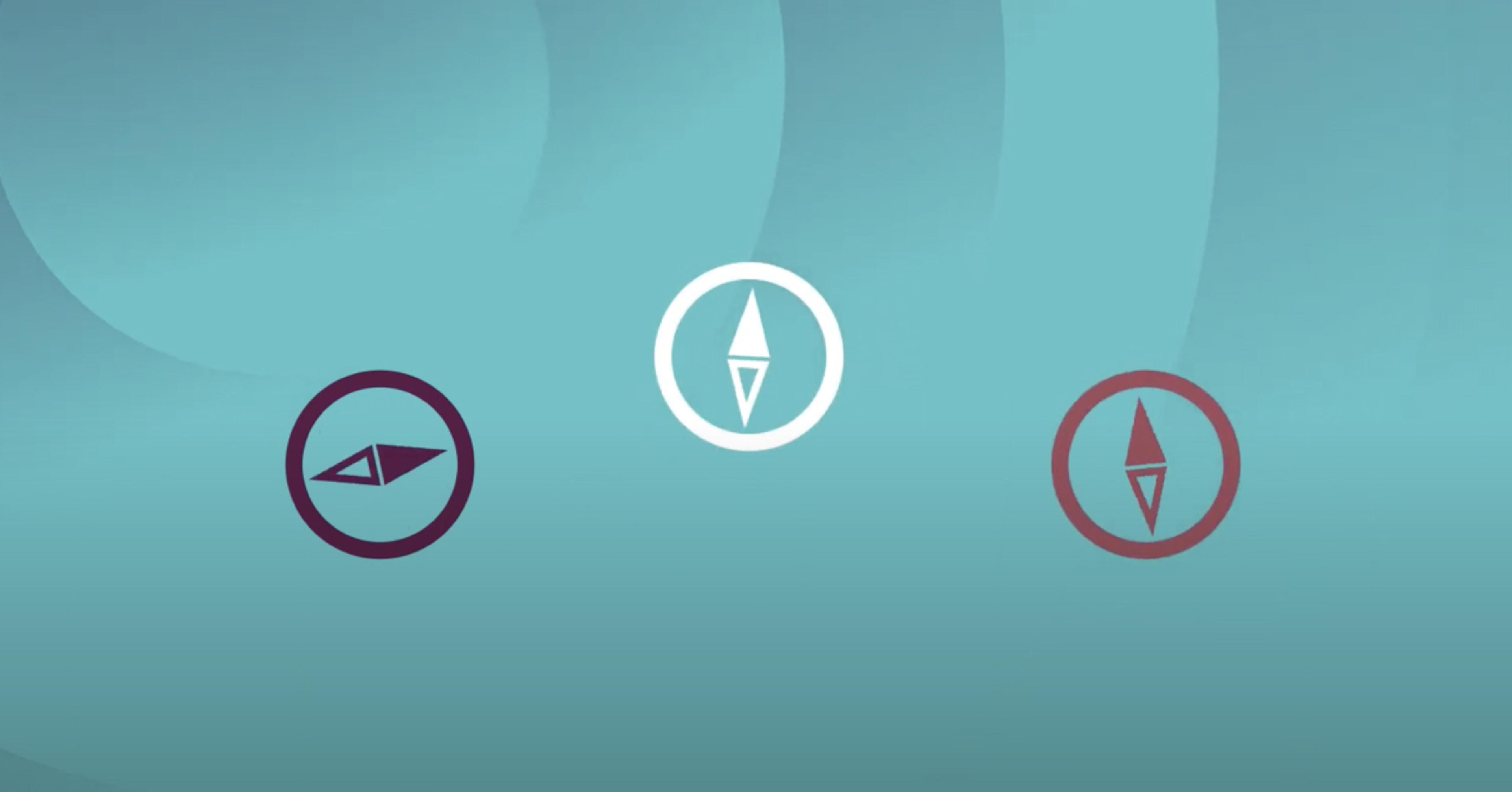 Illustration featuring three compass icons on a light blue background, representing guidance and direction as part of Adapt's coach-guided program.