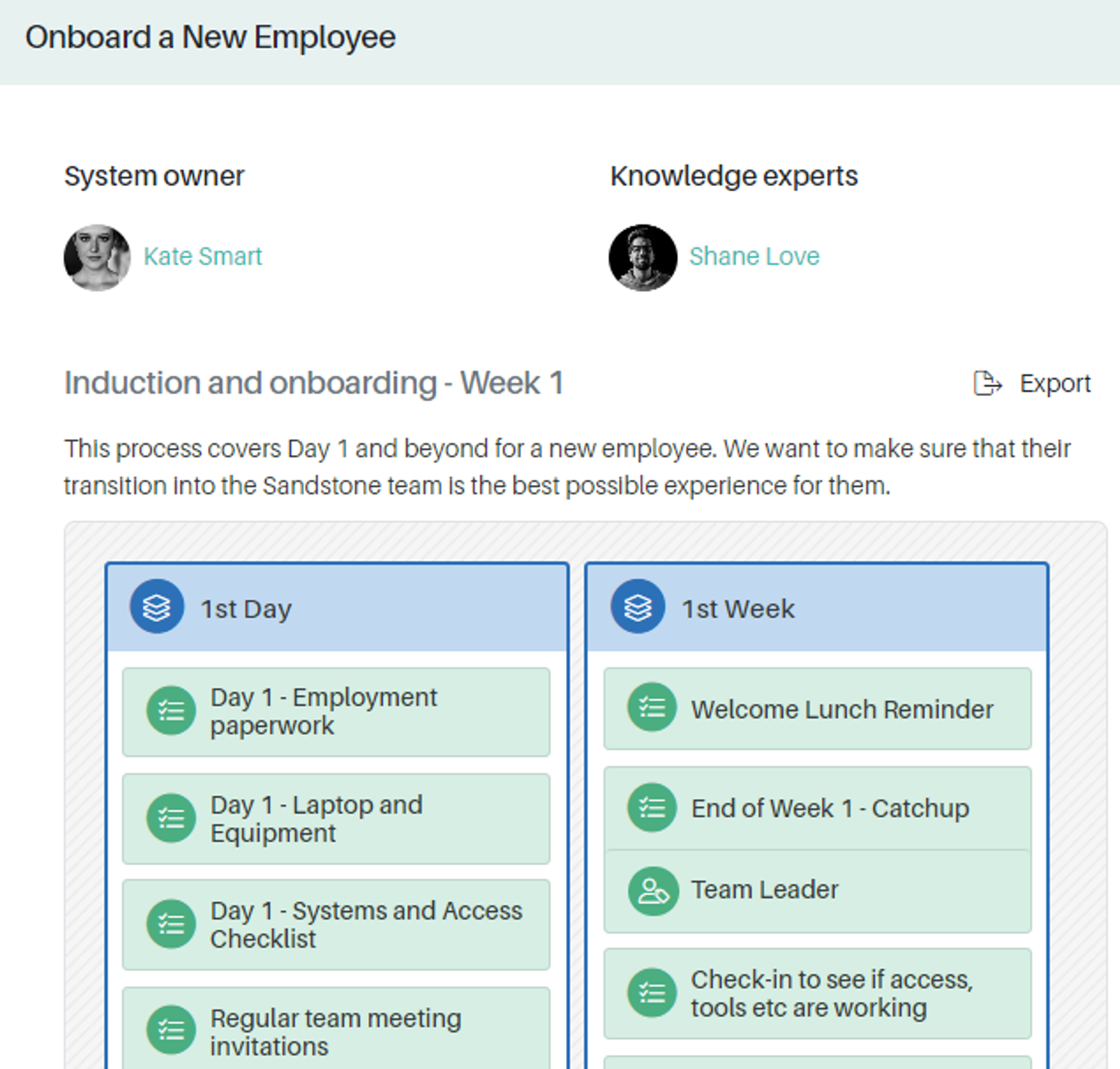 Step-by-step onboarding process for new employees at The Adapt Way, including Day 1 employment paperwork, laptop setup, and team meeting invitations, followed by Week 1 activities like welcome lunch, catch-up meetings, and system access checks.