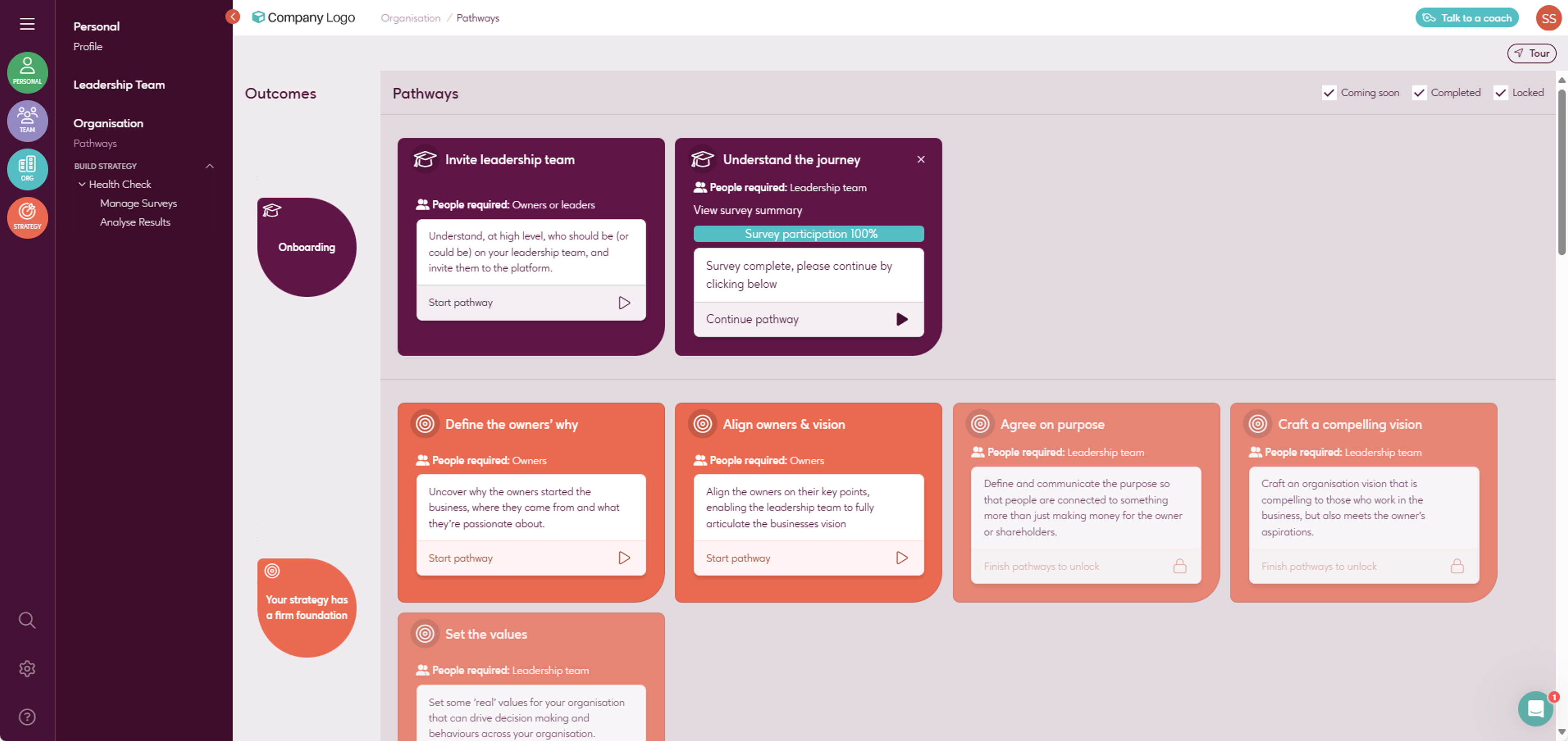 Screenshot of The Adapt Way Platform's pathways section, detailing steps for inviting leadership teams, understanding the journey, defining owners' why, and aligning vision.