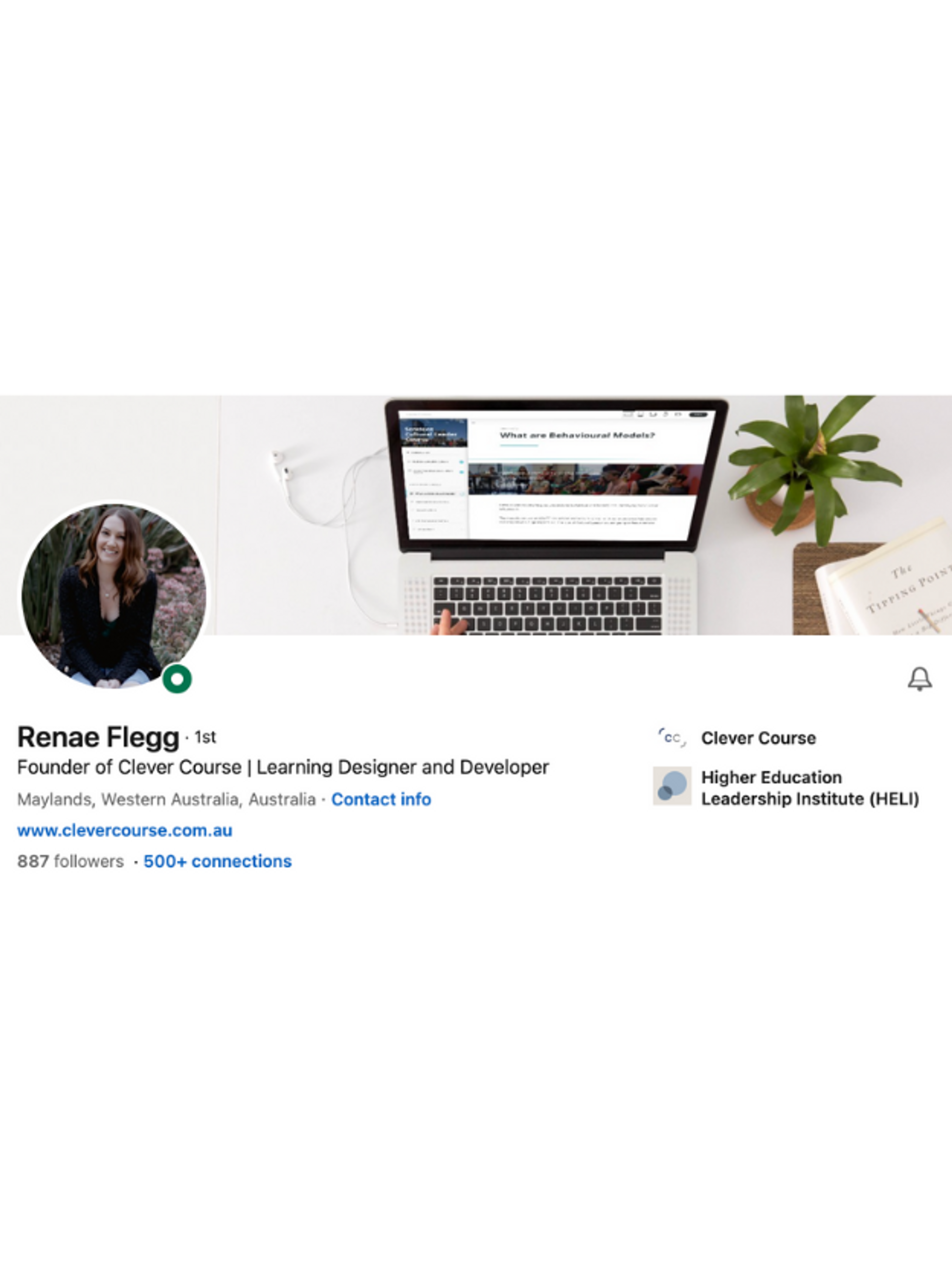 Renae Flegg's LinkedIn profile, Founder of Clever Course, displayed on a laptop screen.