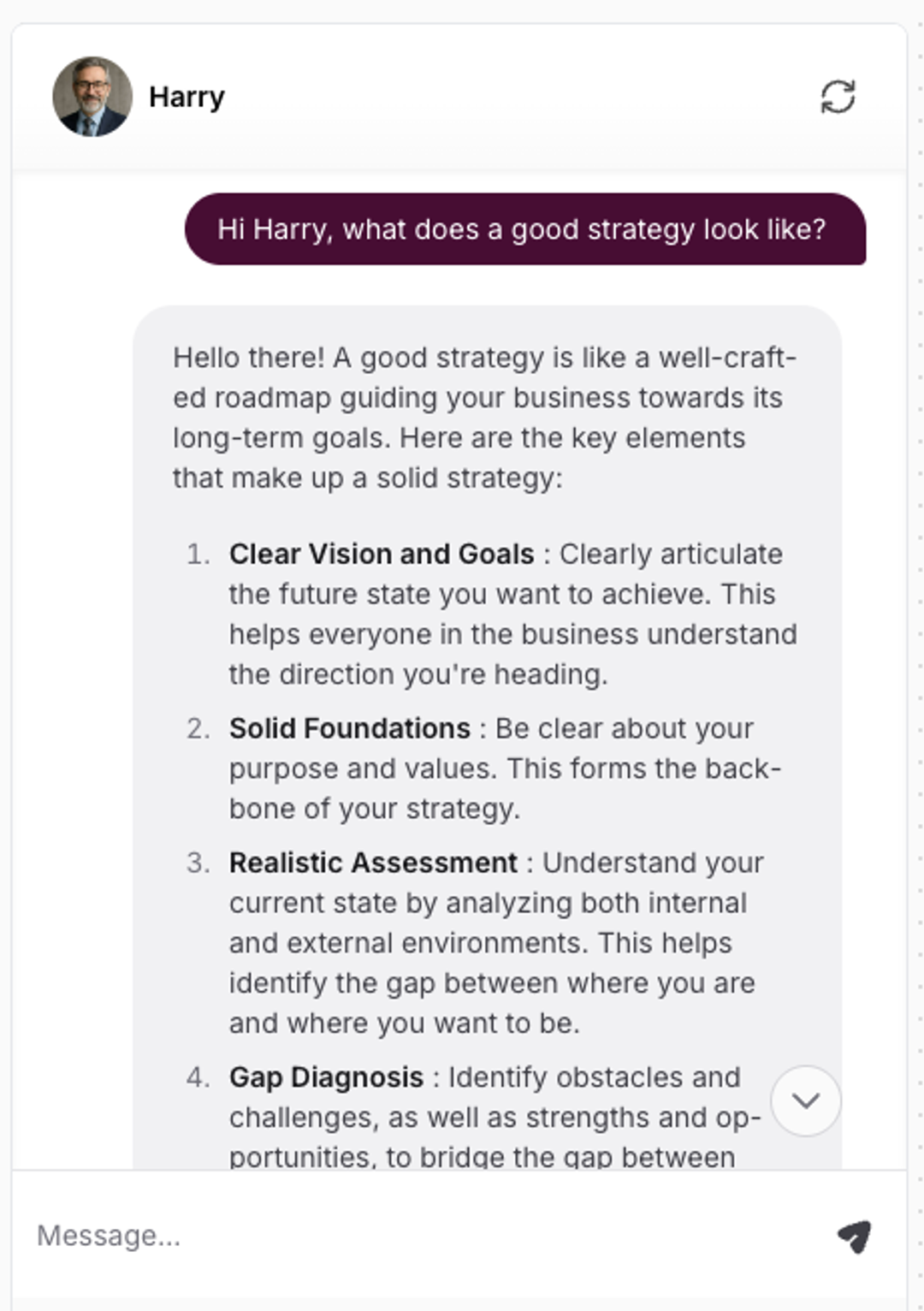 Screen view of the AI strategy coach in the adapt HQ platform designed to help business owners achieve success.