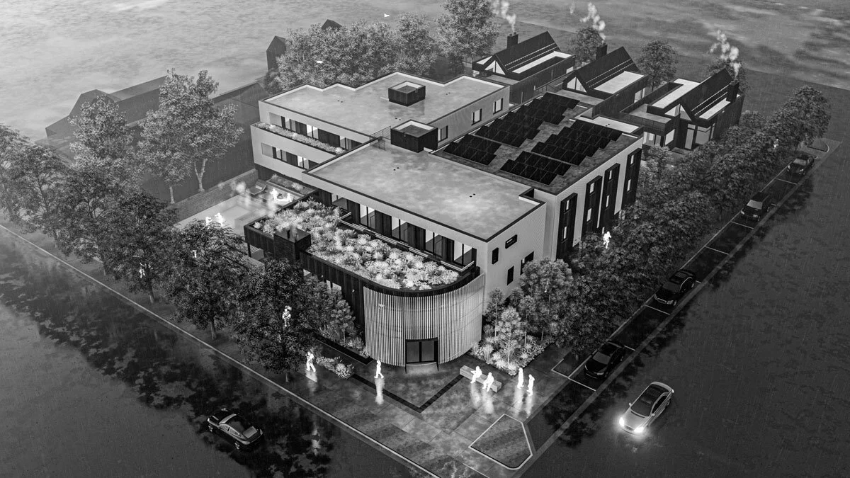 black and white negative of a building rendering