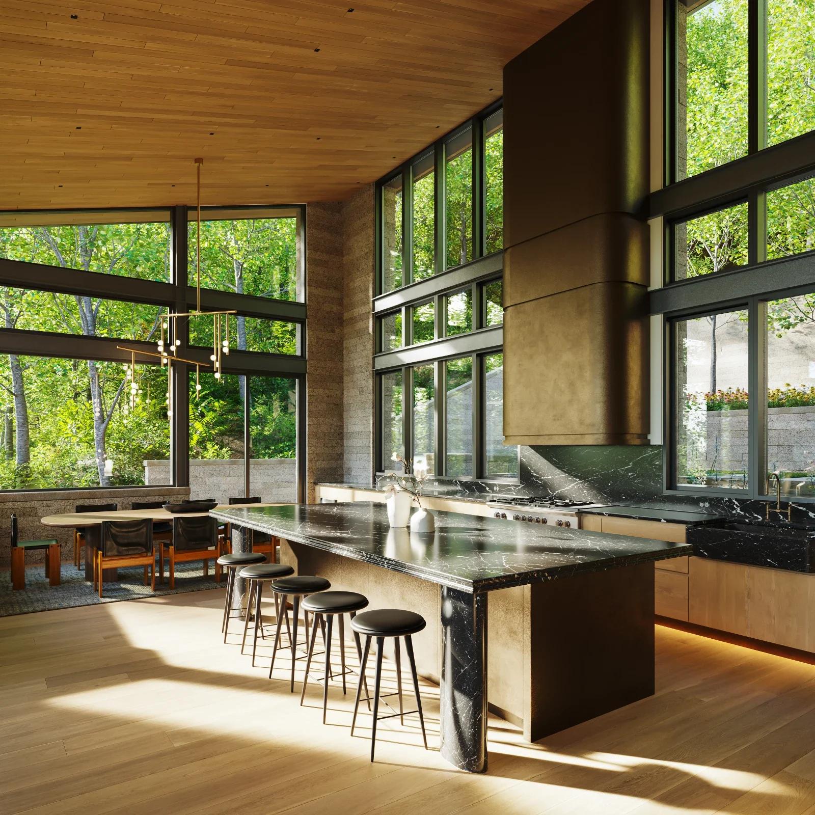 modern kitchen and dining area with high ceilings and big windows