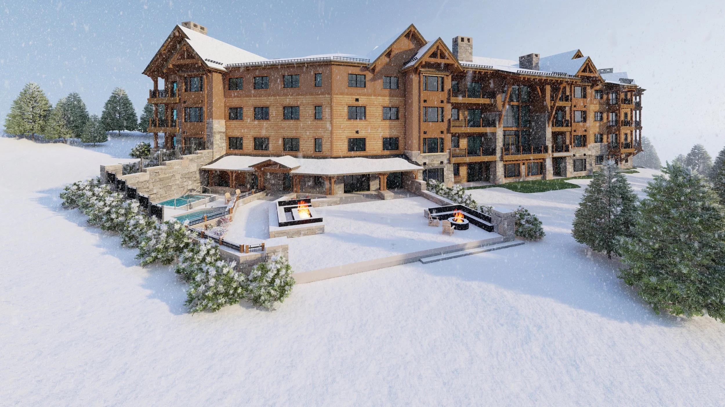 snowy rendering of a hotel 