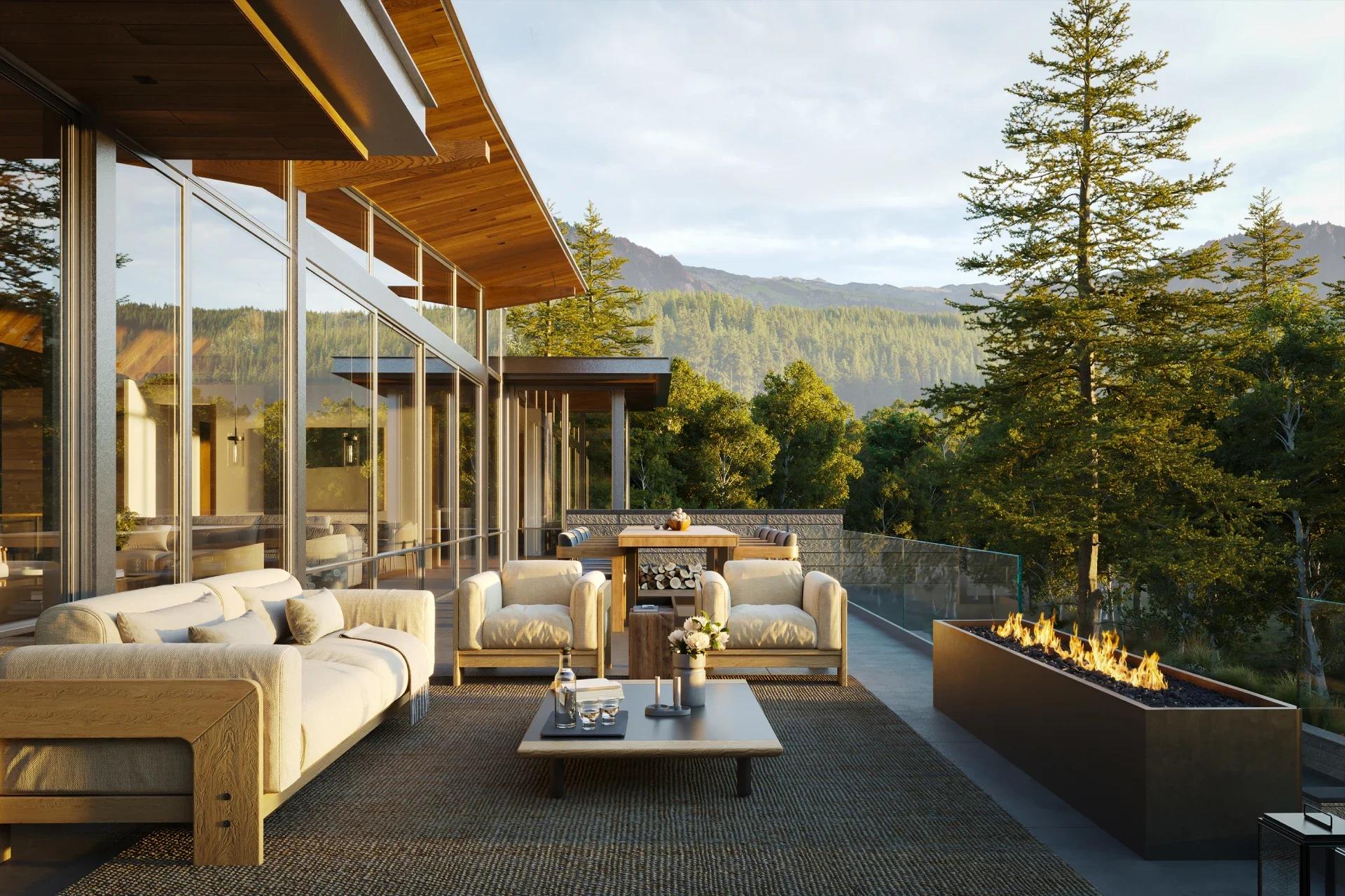 patio with couches and fire pit at a modern home in the mountains