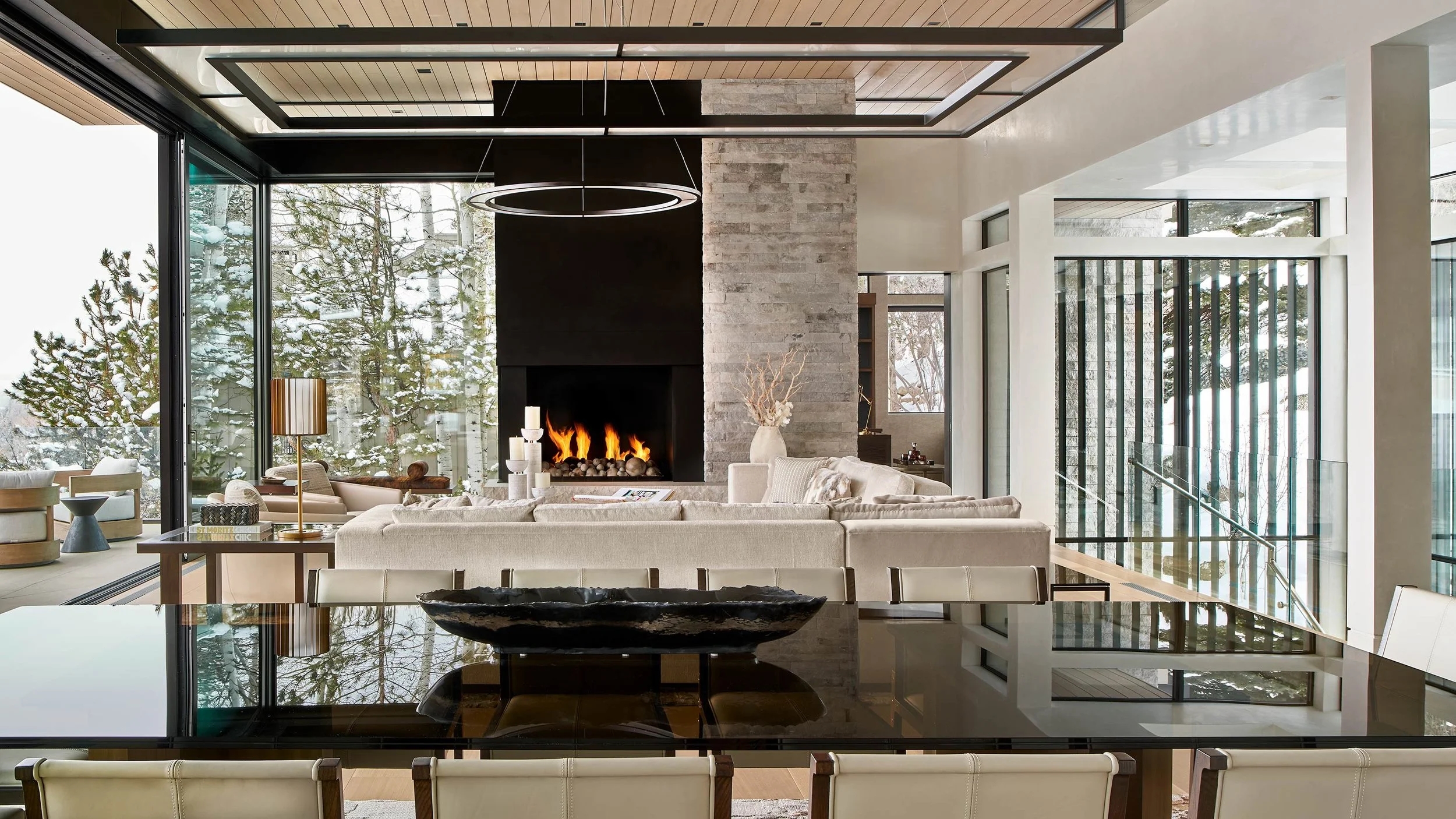 chic open concept living and dining area