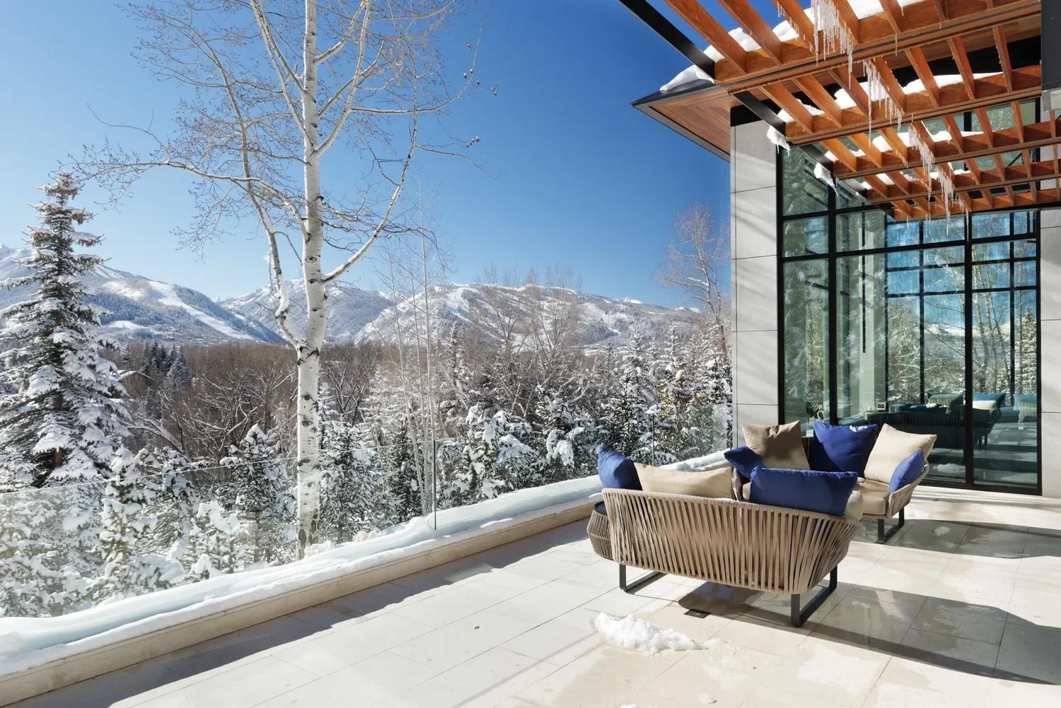 patio overlooking snowy mountains