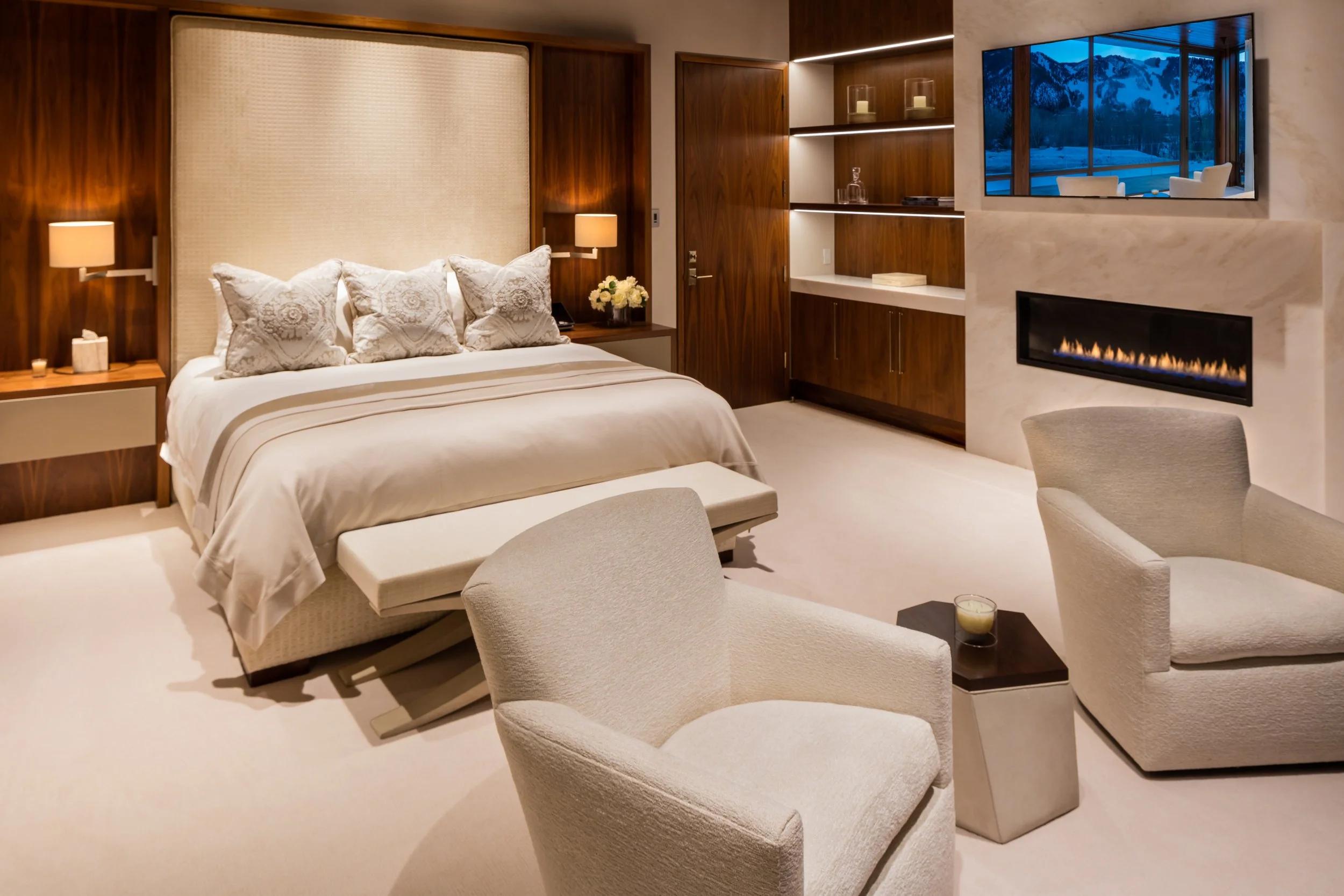 chic bedroom with sitting area