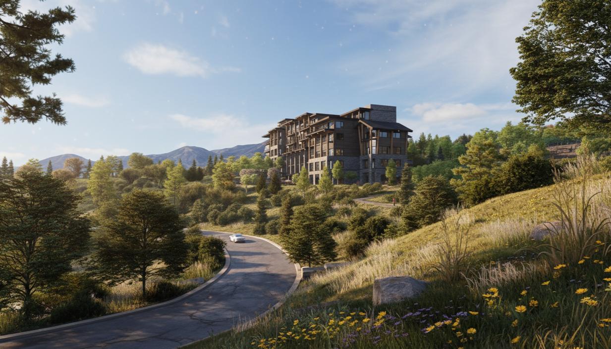 rendering of a multi-unit building in the mountains