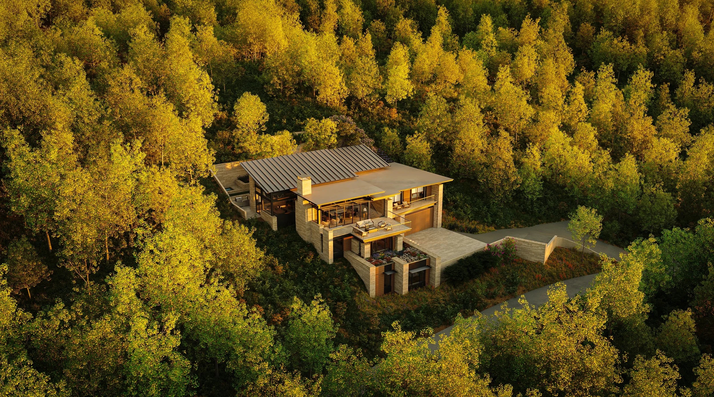 aerial view of a modern home on a hill