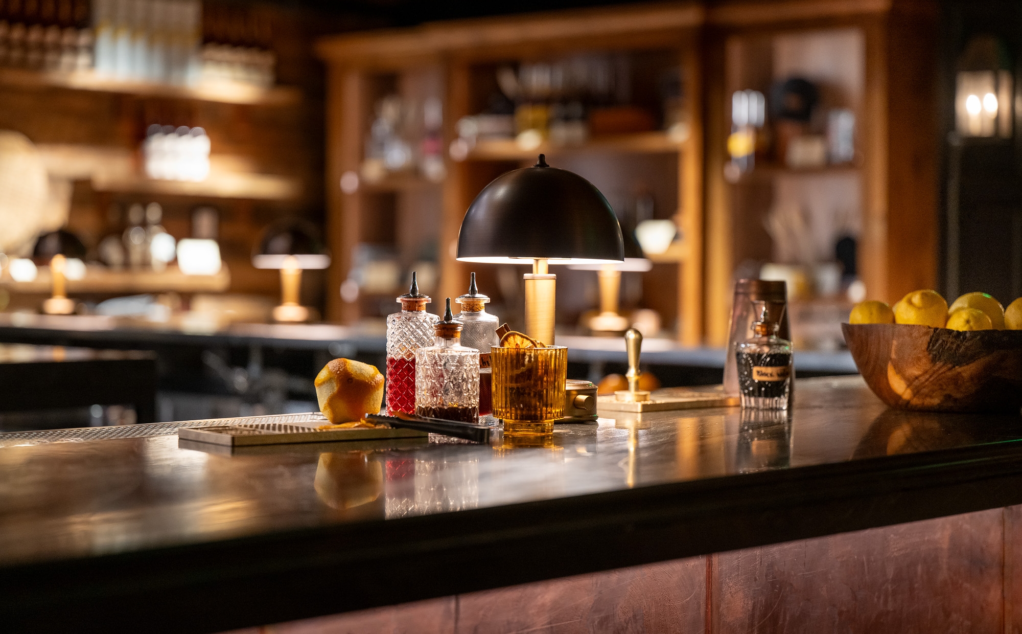 A detailed shot of the bar at Stranahan's Lodge in Aspen, CO