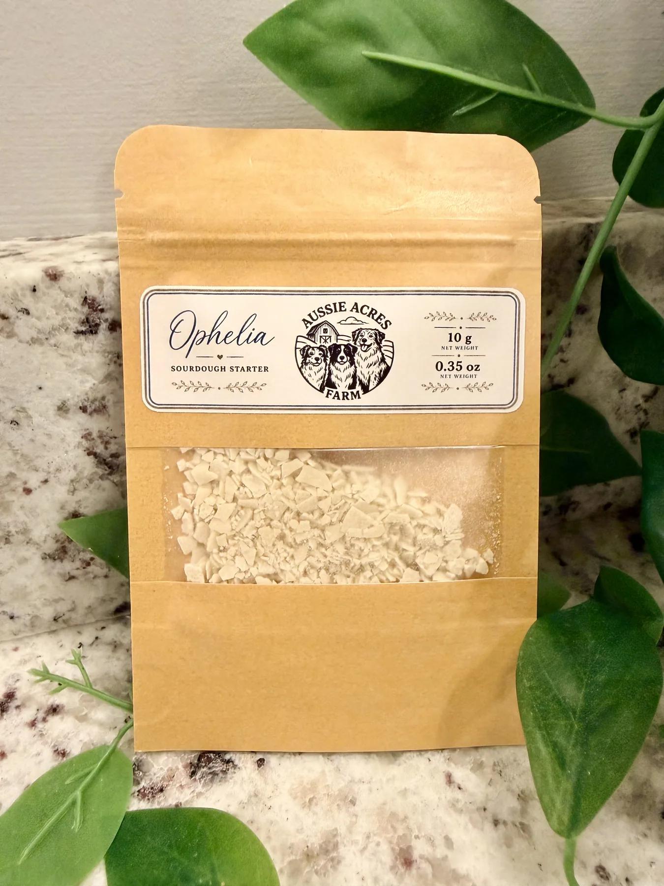 Dried Ophelia sourdough starter in its labeled paper pouch
