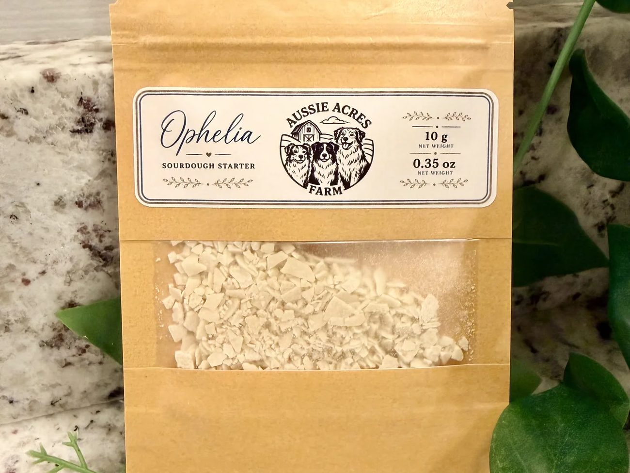 Dried Ophelia sourdough starter in its labeled paper pouch