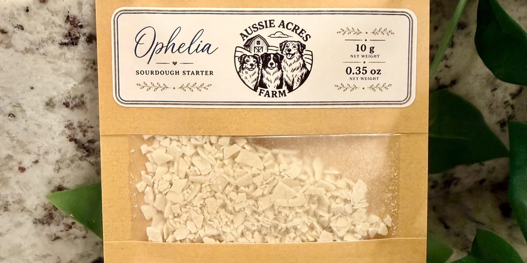 Dried Ophelia sourdough starter in its labeled paper pouch
