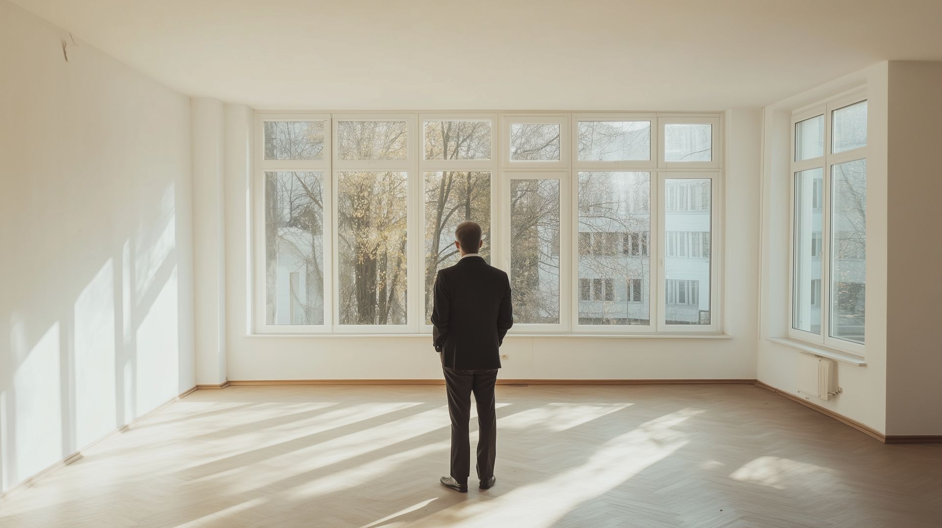 Perito imobiliário de fato inspeciona apartamento antigo devoluto e cheio de luz com soalho em espinha – consultoria de pré-compra em Hamburgo.