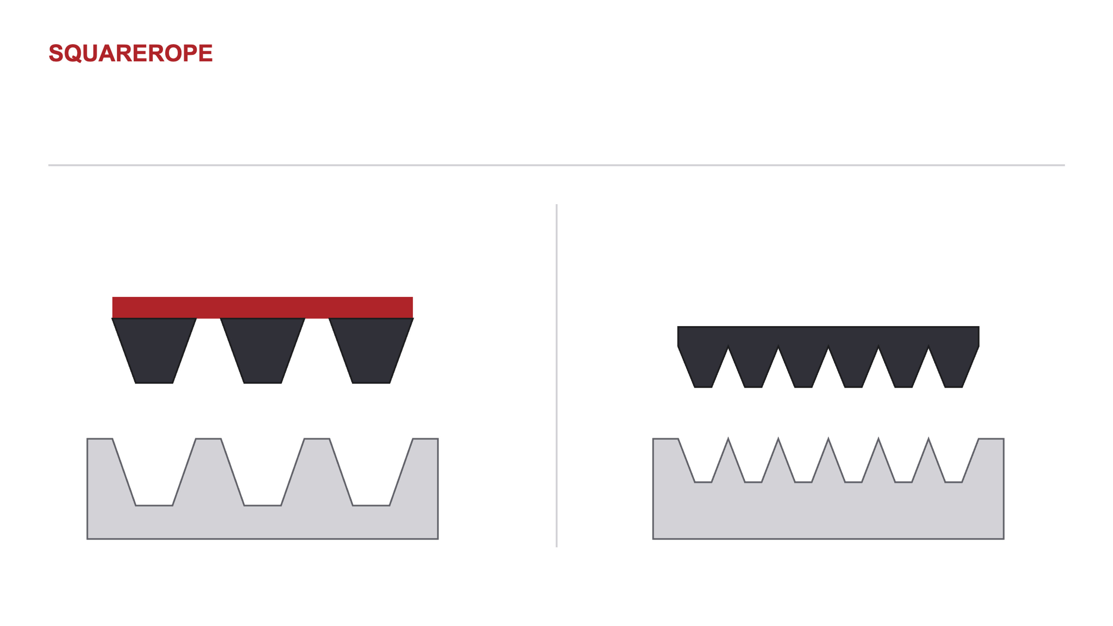 Side-by-side schematic of joined V-belt elements above corresponding V grooves and one ribbed belt above a matching pulley. No interchangeable fit is implied.