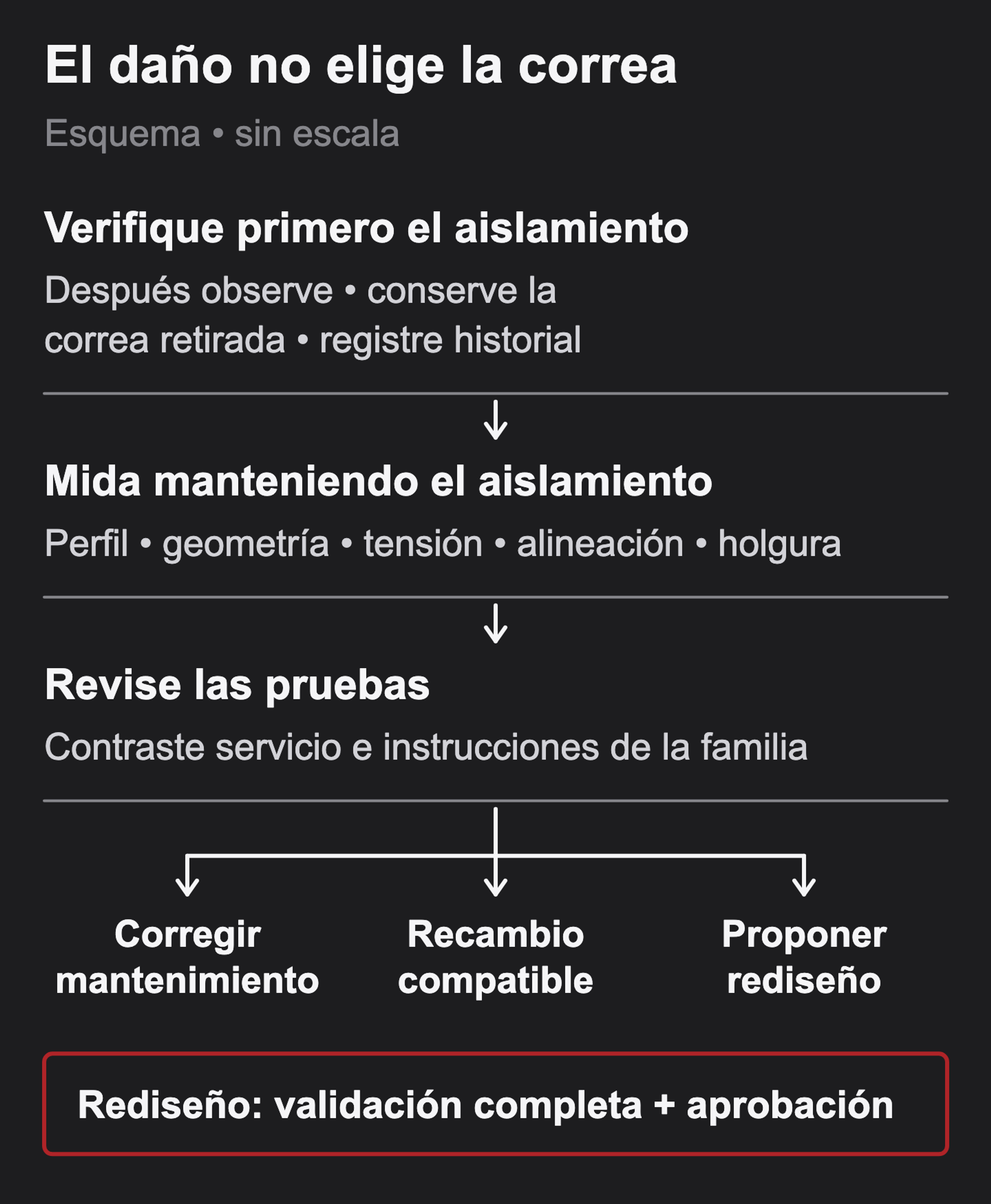 Flujo: verificar primero el aislamiento seguro, después observar y conservar la correa retirada, medir manteniendo el aislamiento y revisar pruebas antes de mantenimiento, recambio compatible o rediseño. El rediseño exige validación completa y aprobación.