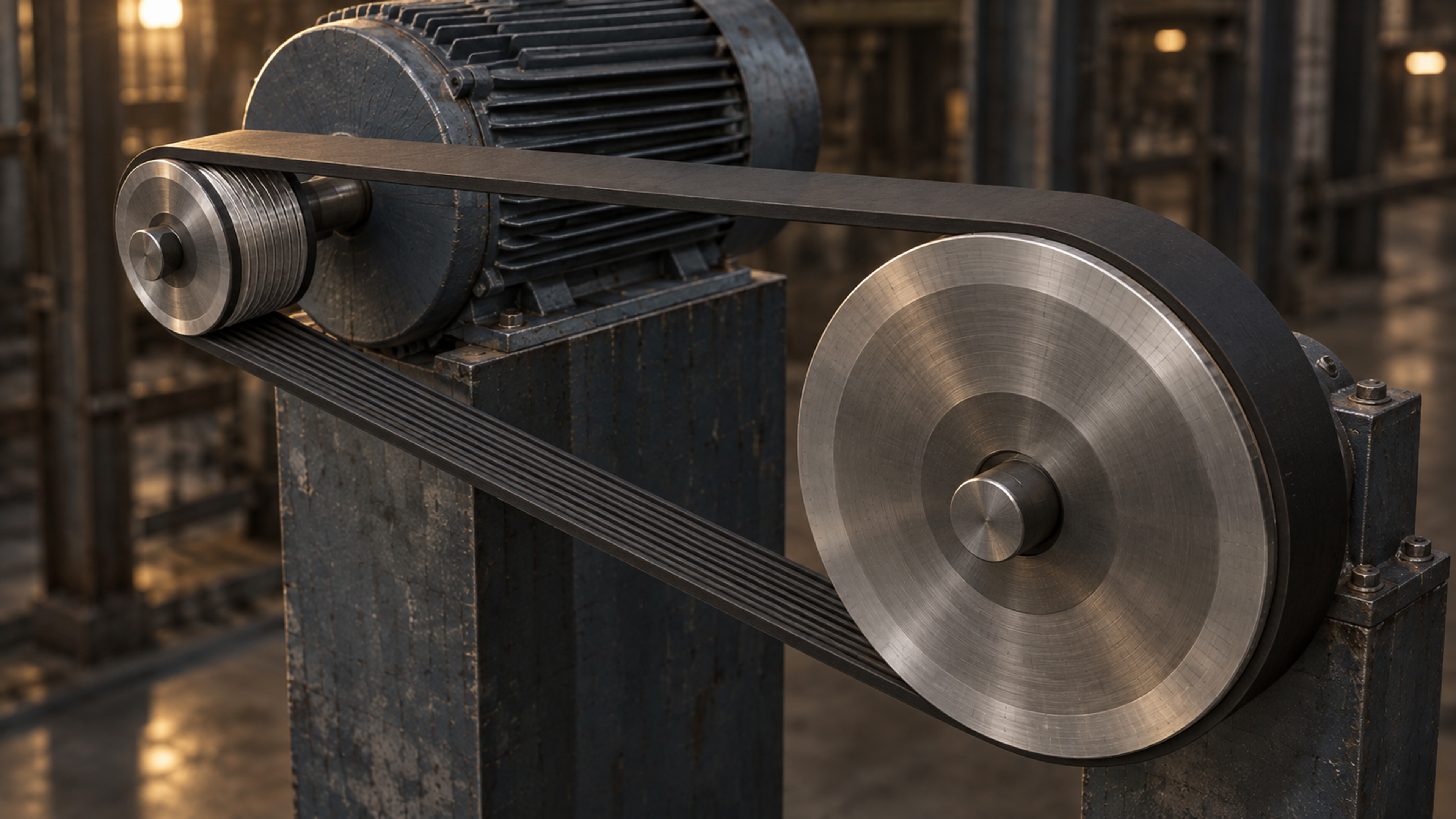 AI-generated illustration of an industrial belt drive: one Poly-V (multi-ribbed) belt runs on a small grooved motor pulley and a larger grooved driven pulley, with its lengthwise ribs visible on the lower span.