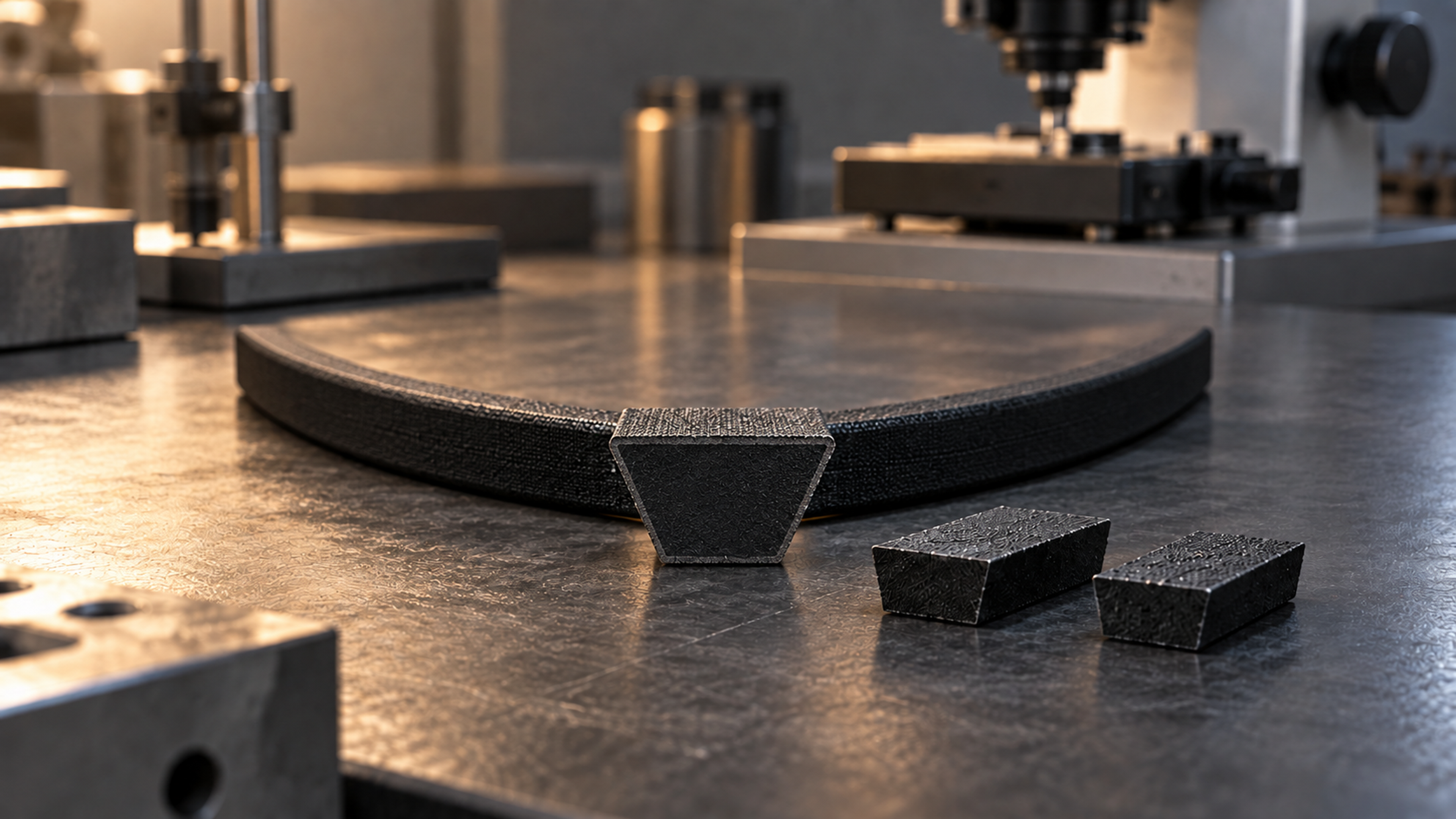 AI concept illustration of a V-belt section demonstrator and unmarked black material coupons in a laboratory context; colour does not identify the compound.