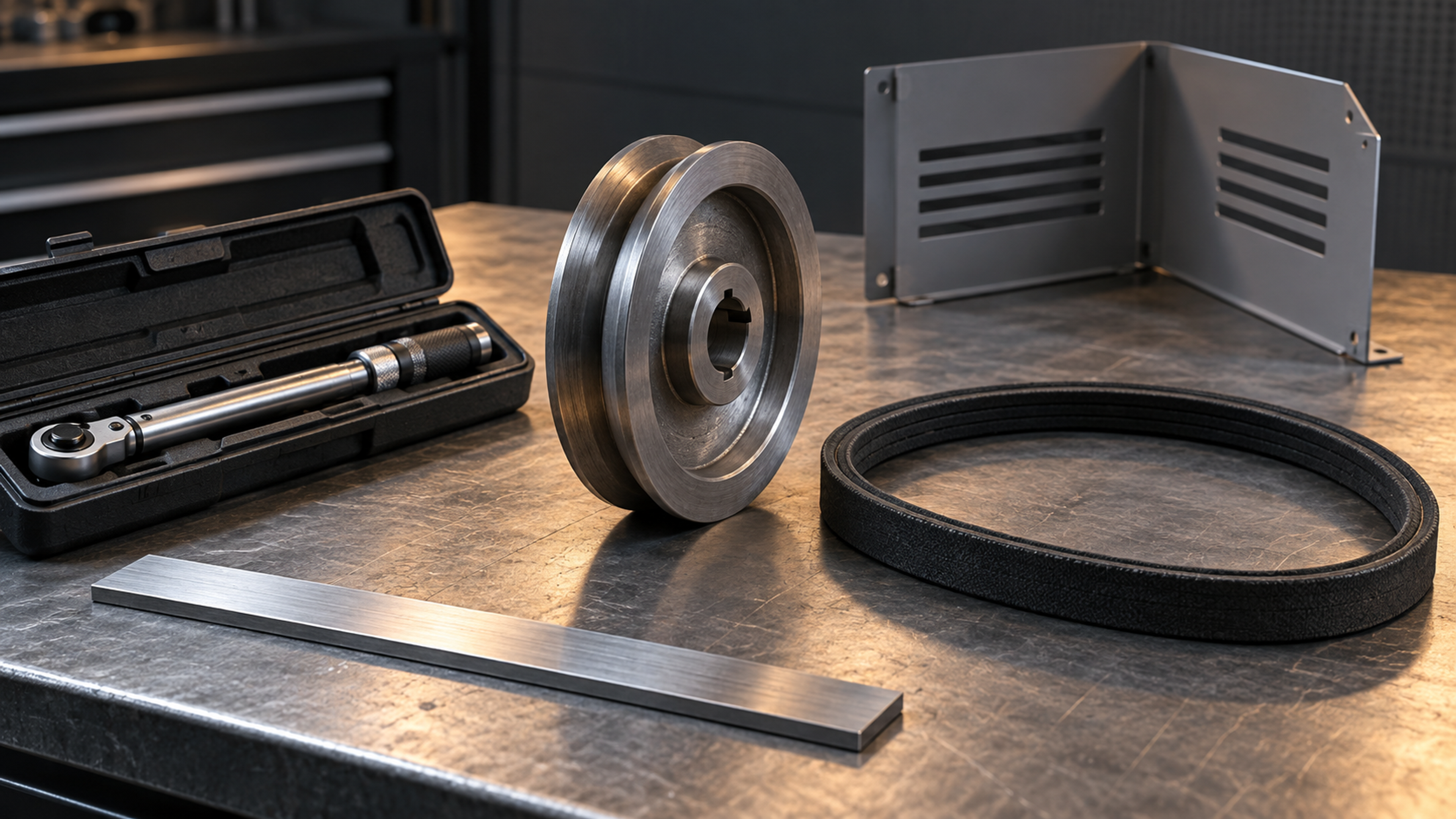 AI editorial illustration of a detached pulley and belt assembly with installation tools resting separately on a bench.