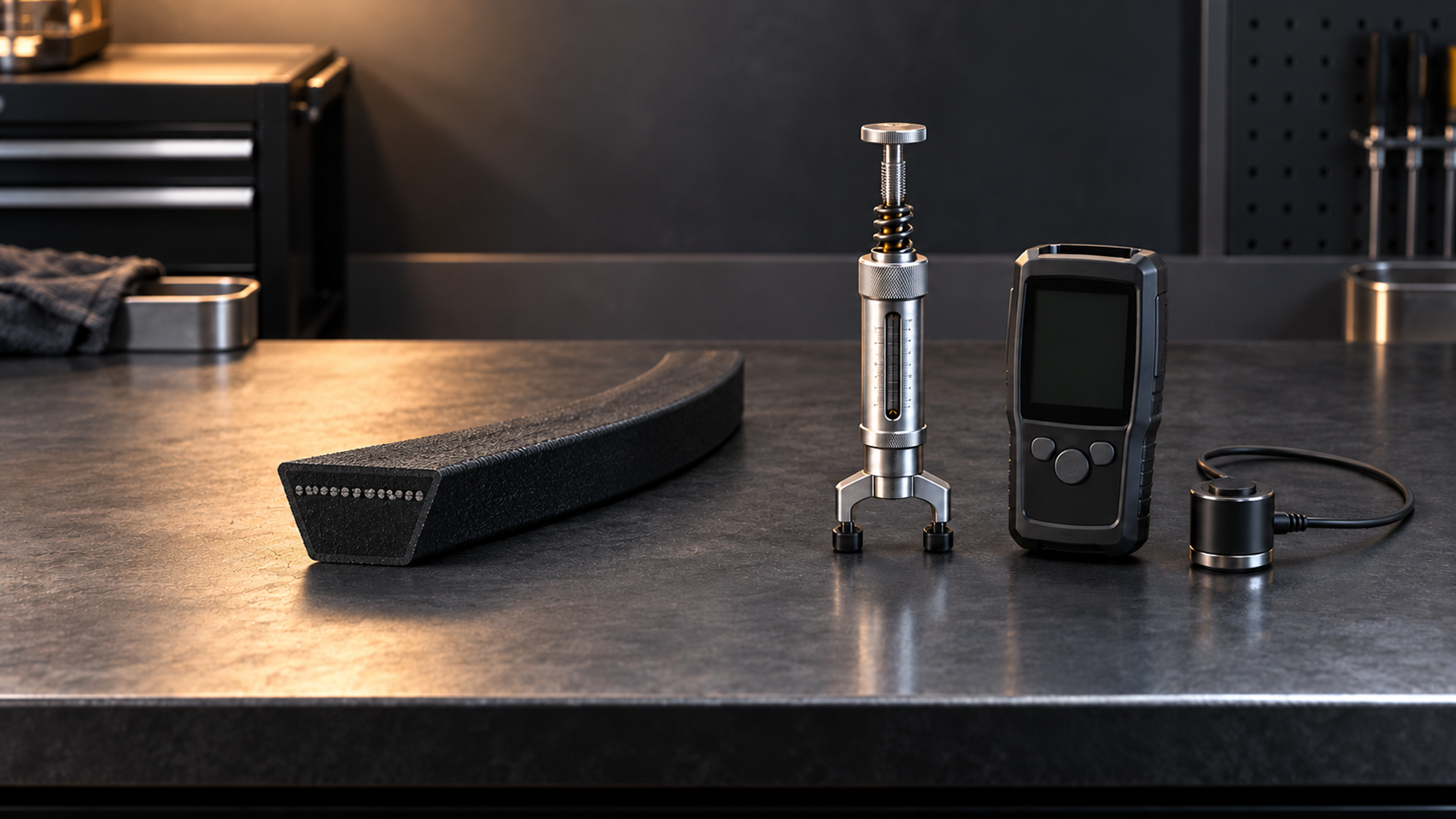 AI concept illustration of a V-belt demonstration section and generic tension instruments resting separately on a bench; no measurement result is shown.